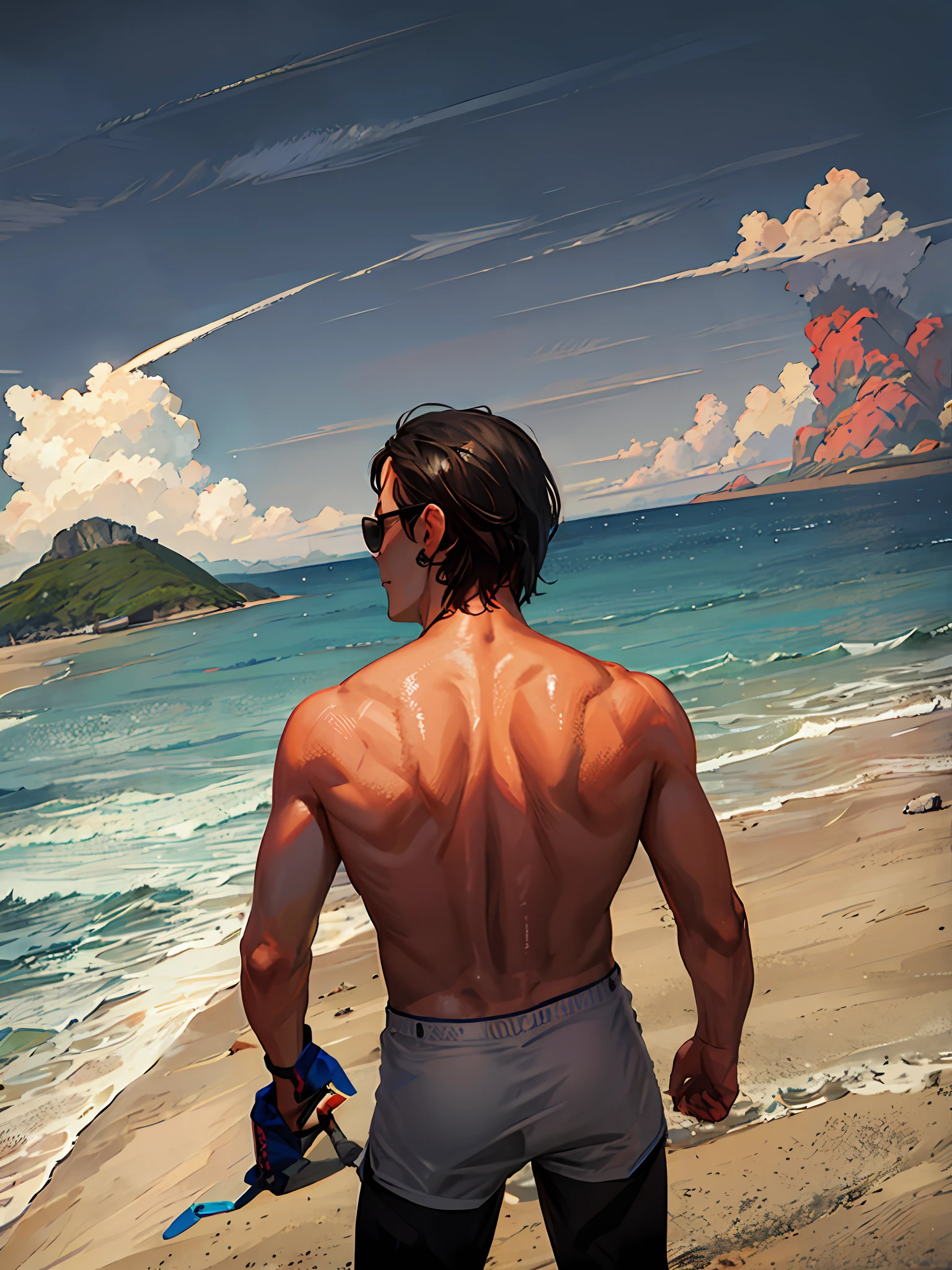 There's a man standing on a beach in shirtless sunglasses, musculoso atletico, with dragon tattoo on the back. dia ensolarado