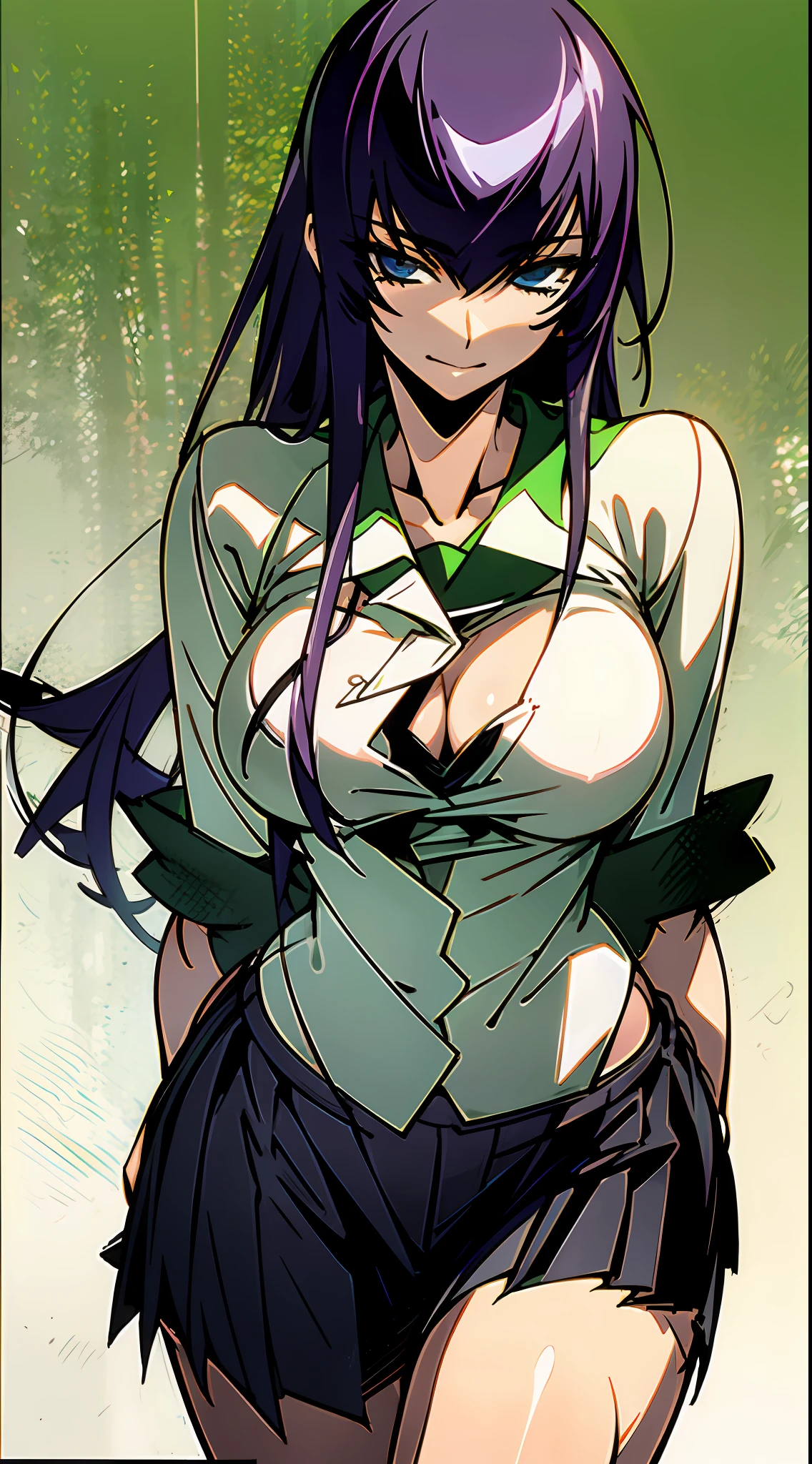 (High resolution), (in 8K), (Extreme Detail), (Best Illustration), (beautiful detail), (Best Quality), (masuter piece), ( Detailed face), Saeko Poison Island、The long-haired、white  shirt、Green pleated skirt、student clothes、Vicious look、full body Esbian、Realistic fantasy rendering, Realistic anime girl rendering, Full body portrait, (Big Breast: 1.4) popular in CGSTATION, 4K,highlight in eyes