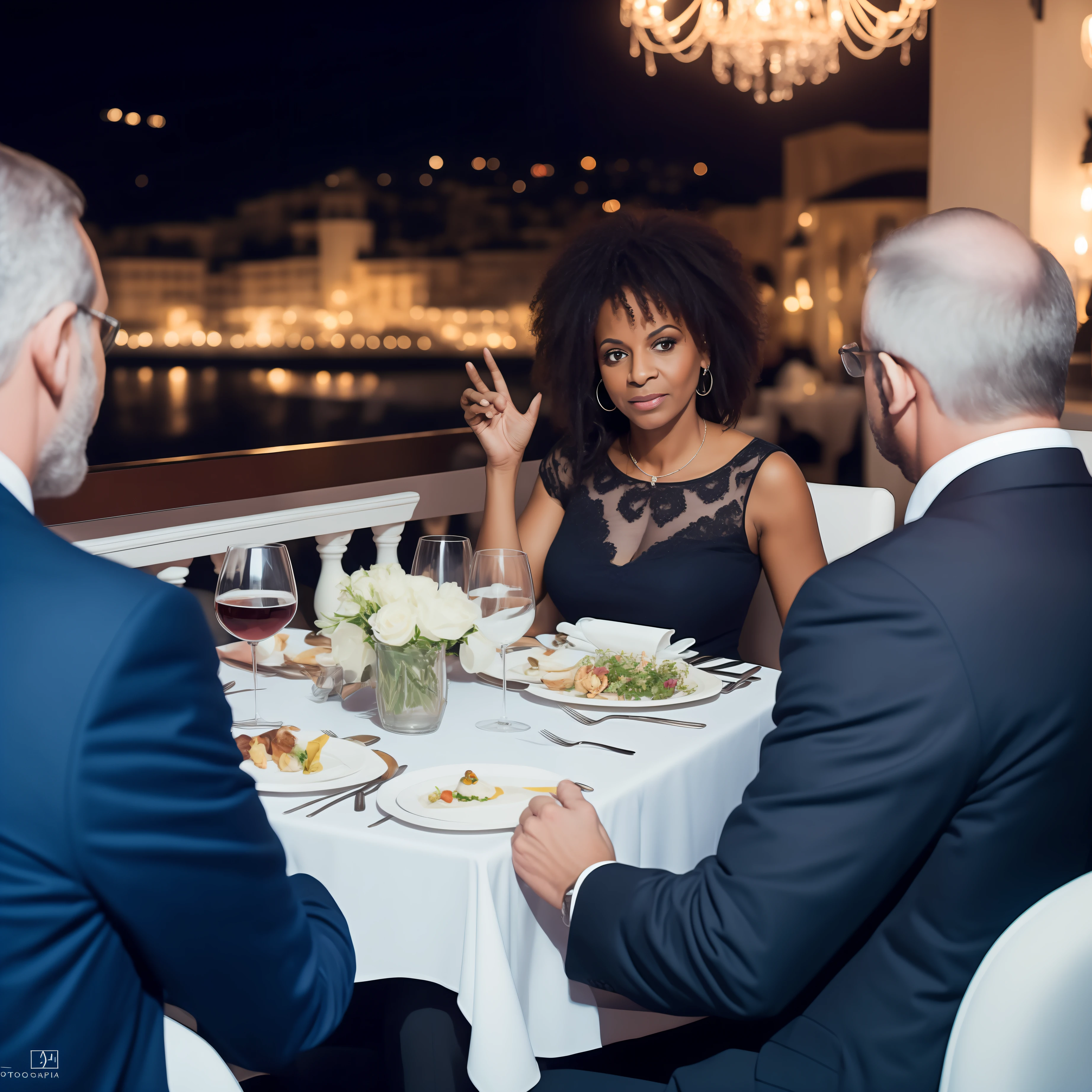 fotografia, presidente mulher negra, conversando com Alberto II e sua esposa , Luxury restaurant in Monaco, Jantar de luxo. fotografia profissional. RAW, altamente detalhado.