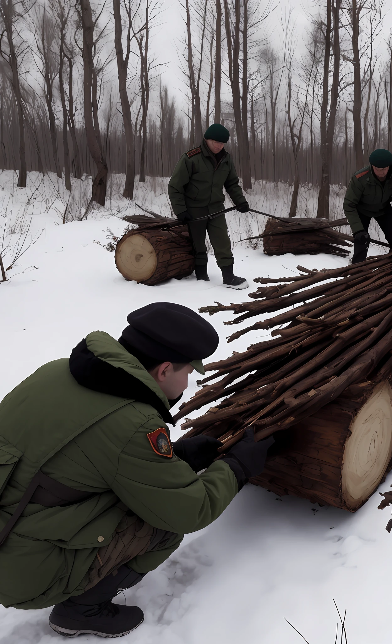 Several men in green jackets are working in a large trunk, silvicultura, Ilya Ozornin, Sergey Zabelin, a foto mostra um grande, cortar, inspirado em Vladimir Borovikovsky, Sergey Krasovskiy, toras de madeira, pano de fundo, Robot seizes the crown of the forest, foto do cartaz, injection, oils, typical russian atmosphere, Danila Tkachenko