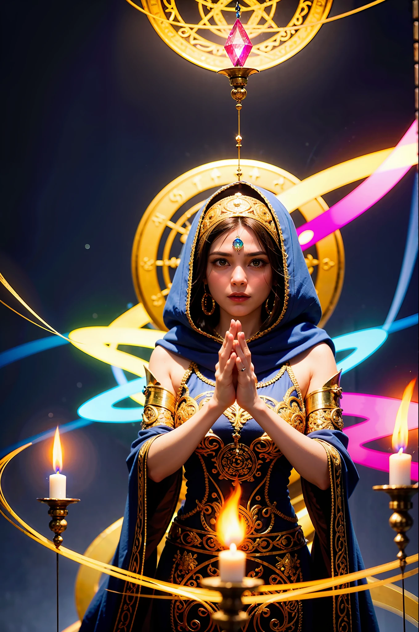 (masterpiece), (best quality:1.4), absurdres, [:intricate details:0.2], 1girl, Flowing robes, intricate magical circles, glowing runes, shimmering aura, intense focus, arcane incantations, crackling energy, levitating artifacts, ethereal staff, flickering candles, swirling mist, sparkling motes, mystical crystals, glowing sigils, intricate hand movements, otherworldly chanting, mysterious symbols, powerful invocation, transcendent awareness,