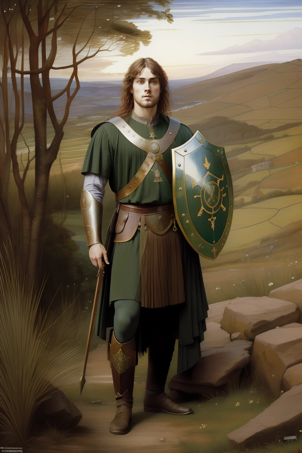(((Pre-Raphaelite painting))), Celtic warrior holds a shield in his hands, floresta de ameireiros, corvo, roupa xadrez, paisagem celta, por do sol, escudo de madeira, n[o celta, Celtic symbol, roupa rubra"