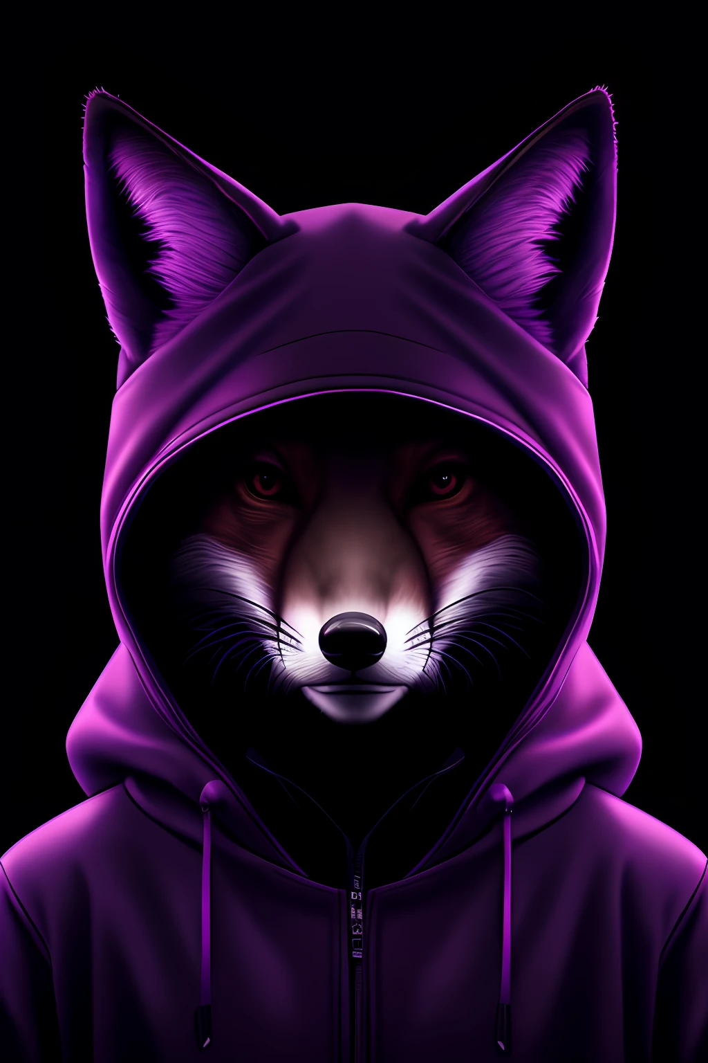 Highly realistic fox portrait,Small animals,Cyberpunk-city,Wearing a hood,cold shades,the night,Cinematic lighting,Purple neon screen light,Soft glow,Light and shadow at the edges。