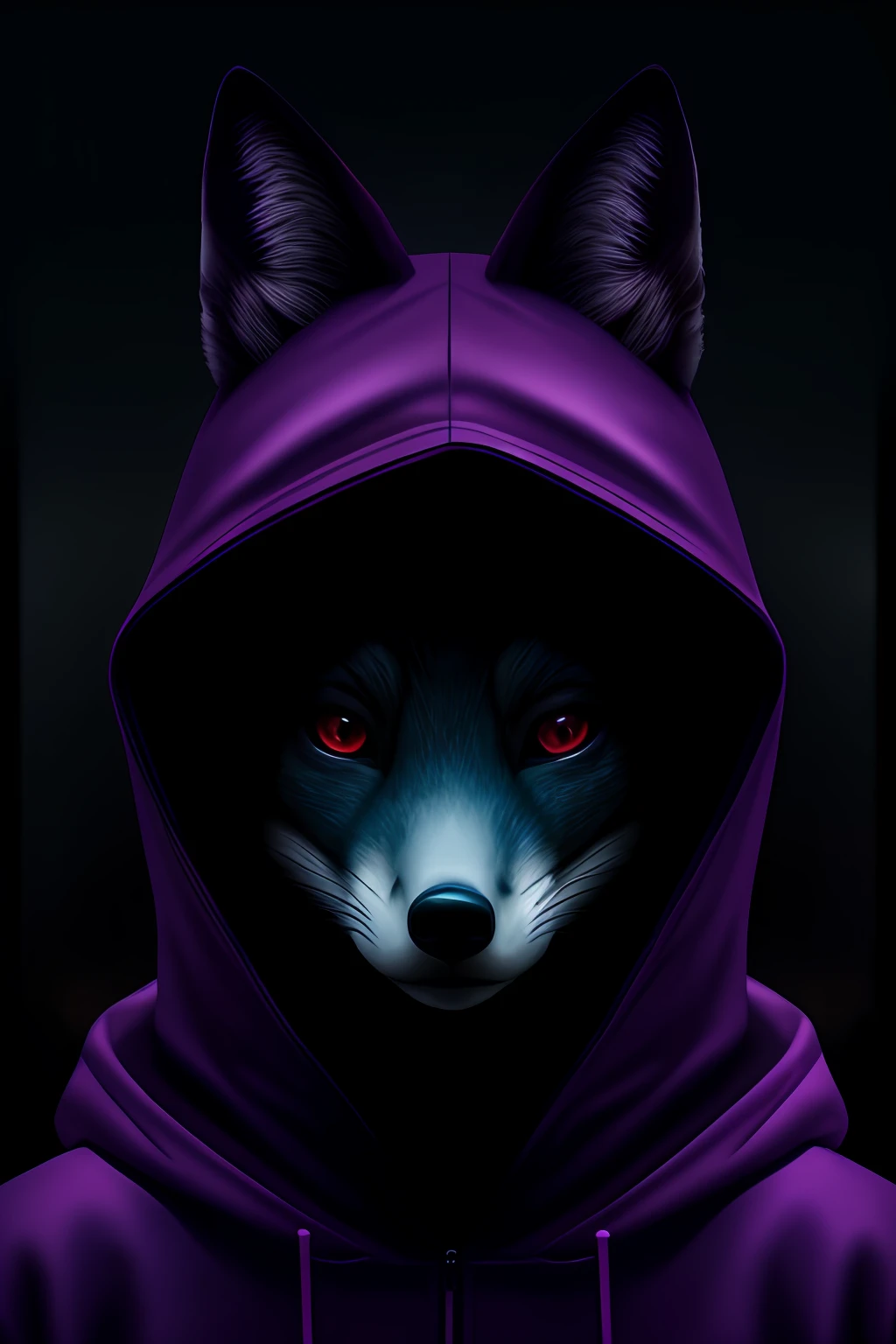 Highly realistic fox portrait，Small animals，Cyberpunk-city，Wearing a hood，cold shades，the night，Cinematic lighting，Purple neon screen light，Soft glow，Light and shadow at the edges。