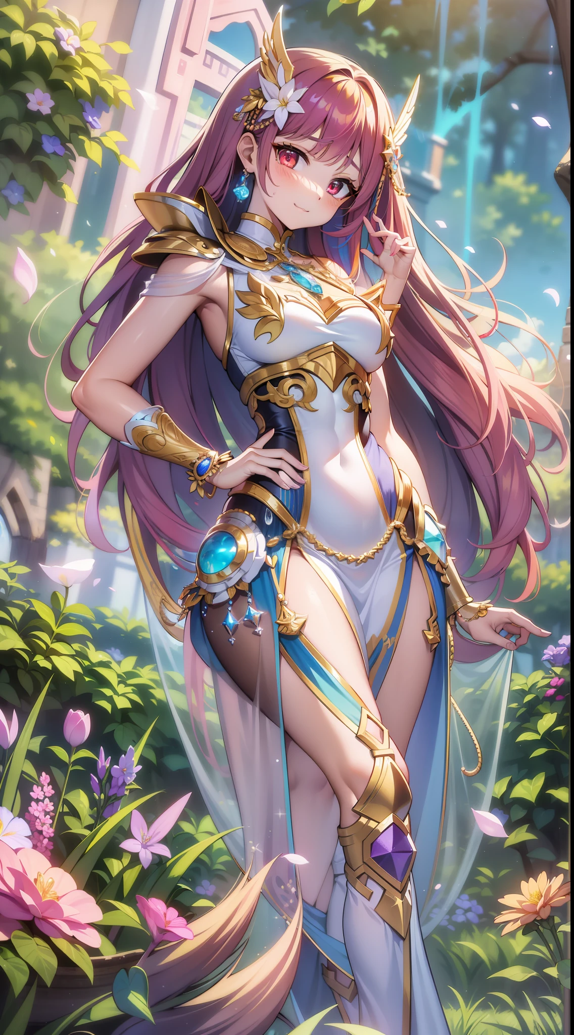 ((Masterpiece)), best quality, absurderes, ultra detailed, 8k, super complex details, intricate details, holographic, cowboy shot, golden ratio, super cute girl, neon aura, delicate and beautiful face, mature girl, idol girl, super beautiful asian girl with super beautiful glowing eyes, super beautiful glowing multicolored hair, super cute hairstyle, nice and sexy body, slim body, perfect body, wearing a super tight and super cute leotard, a super sexy divine armor and cute and celestial hair ornament, with a cute magical fantasy pet, in a beautiful garden with super beautiful flowers
