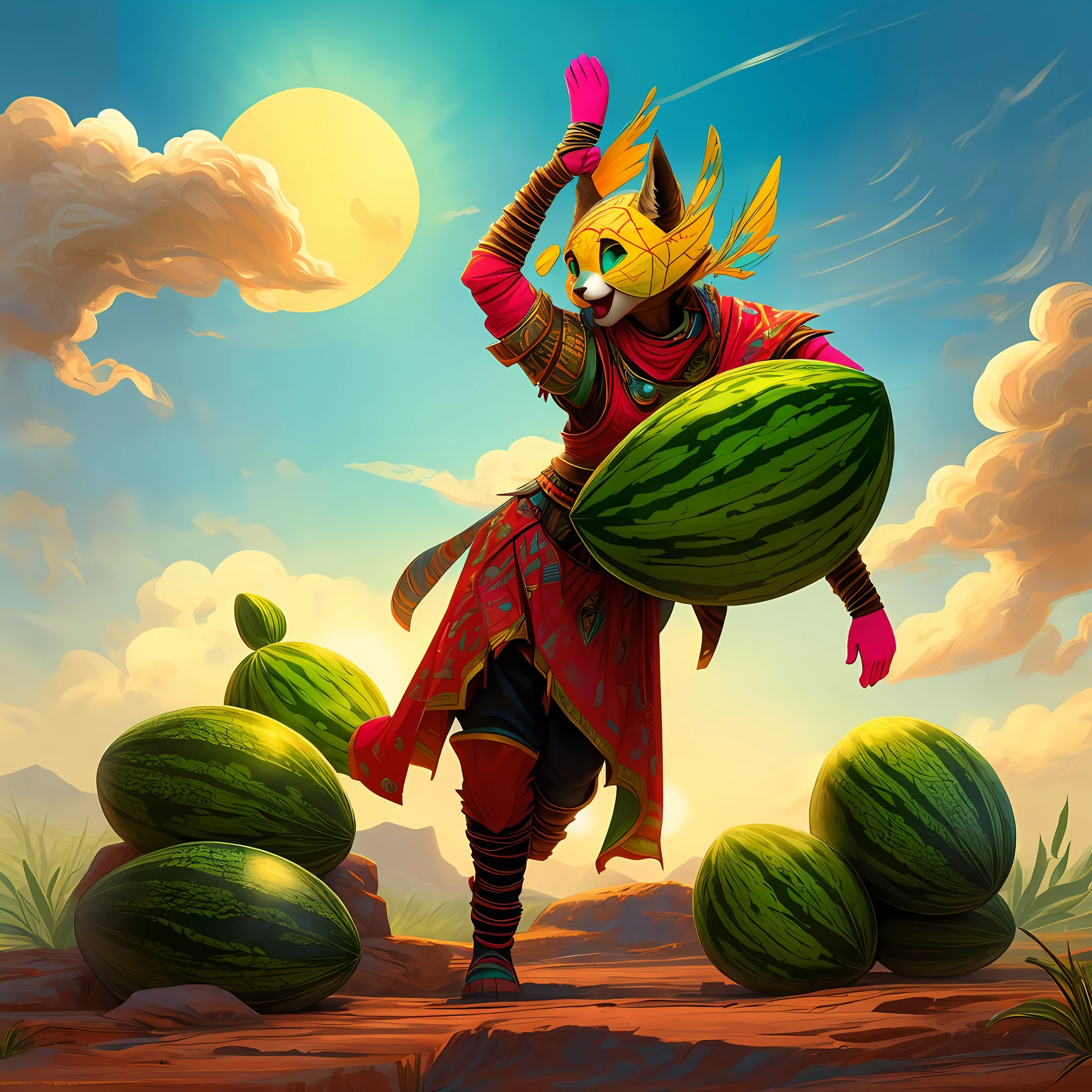 brings to life a 3 ft watermelon warrior, adorned in armor made entirely of watermelons, complete with a watermelon shield. The warrior is depicted in a playful and energetic pose, holding a cute kitten in their arms. The background is a surreal and fantastical landscape, with rolling hills covered in rows of watermelon plants, stretching out as far as the eye can see. The sky is a vibrant blue, with fluffy white clouds and a bright sun shining down on the scene. The watermelon warrior is the centerpiece of the artwork, with their armor and shield gleaming in the sun. The overall tone is one of whimsy and joy, evoking a sense of childlike wonder and imagination.