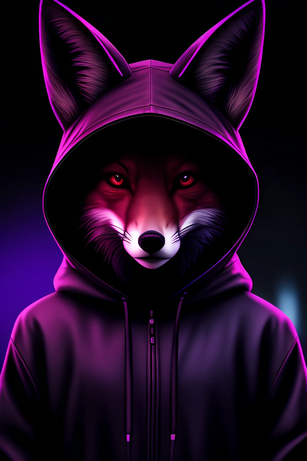 "Portrait of a highly realistic fox in a cyberpunk city, wearing a hood, with cold shades, illuminated by cinematic lighting and purple neon screen light. The night setting adds to the atmosphere, with soft glow and dramatic light and shadow at the edges."