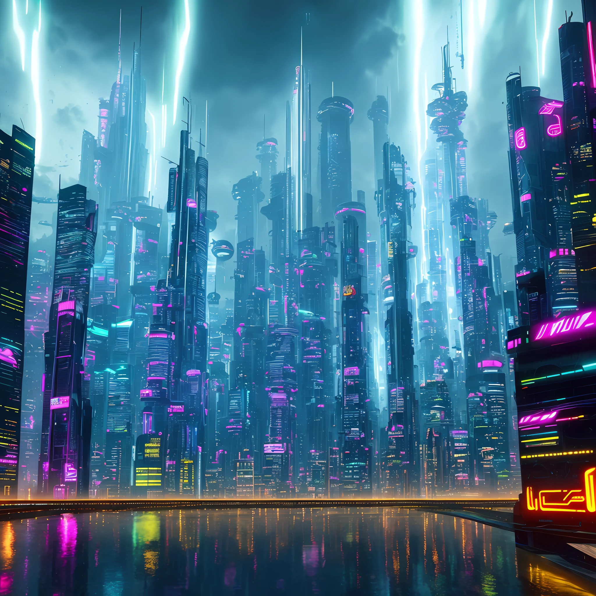 Uma cidade cyberpunk futurista, with gigantic skyscrapers glittering in neon, flying cars passing through the towers and luminous reflections dancing in the puddles of rainwater.