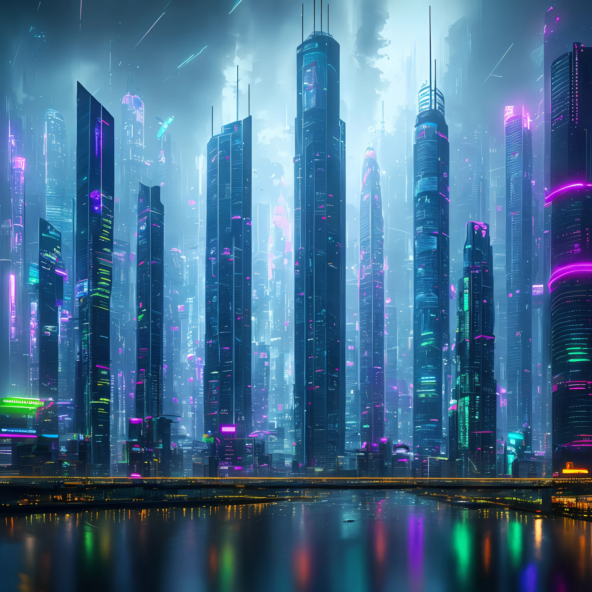 Uma cidade cyberpunk futurista, with gigantic skyscrapers glittering in neon, flying cars passing through the towers and luminous reflections dancing in the puddles of rainwater.