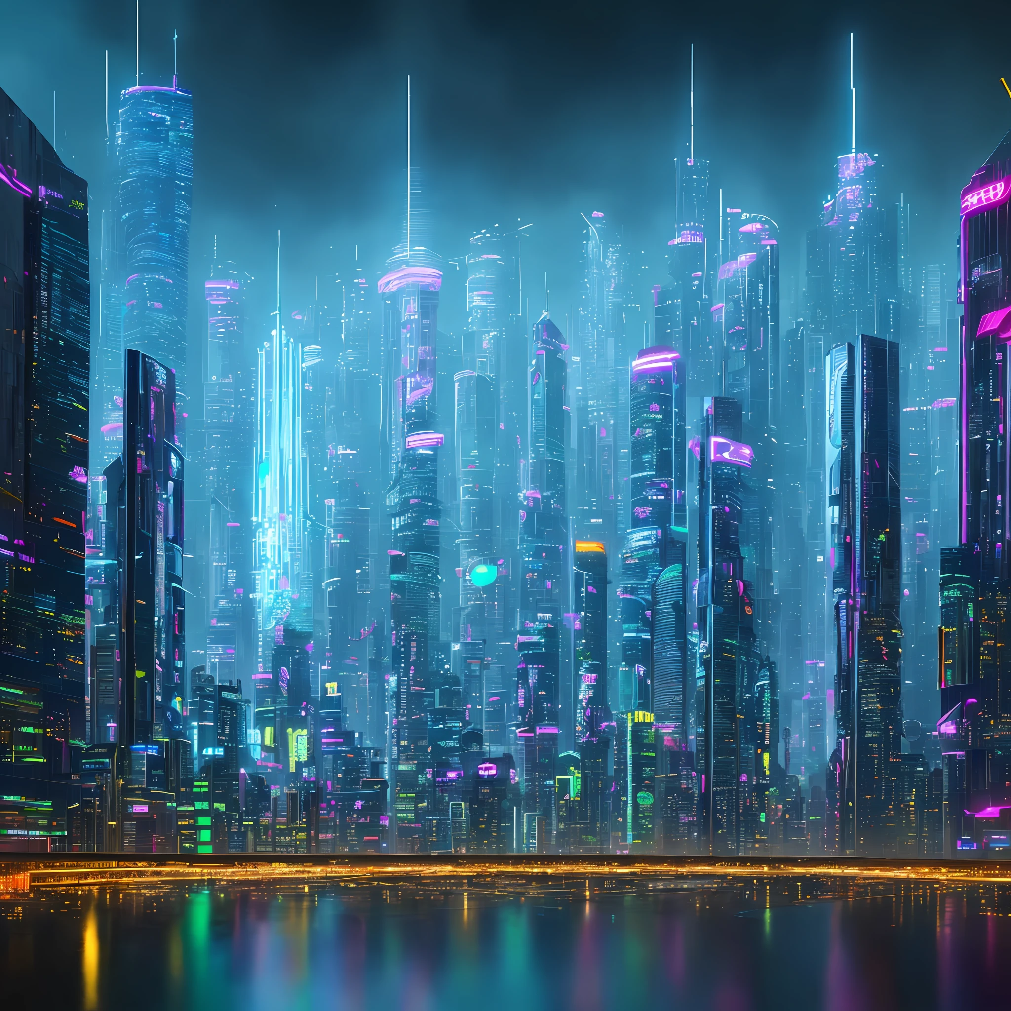 Uma cidade cyberpunk futurista, with gigantic skyscrapers glittering in neon, flying cars passing through the towers and luminous reflections dancing in the puddles of rainwater.