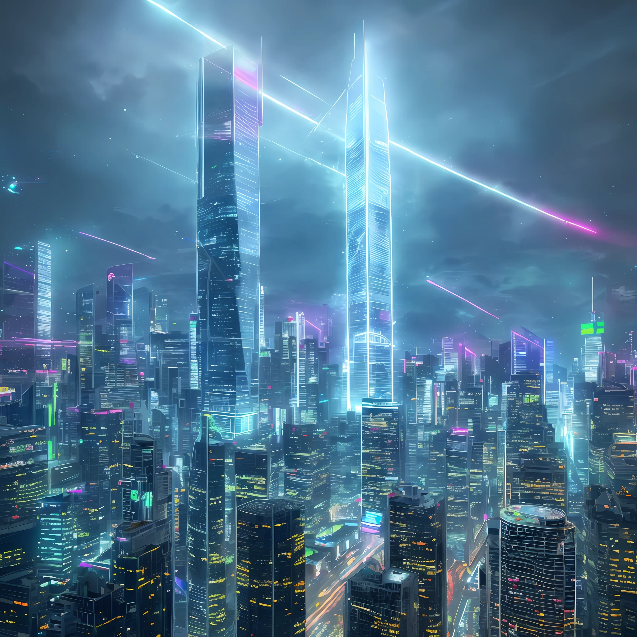 Uma cidade cyberpunk futurista, with gigantic skyscrapers glittering in neon, flying cars passing through the towers and luminous reflections dancing in the puddles of rainwater.