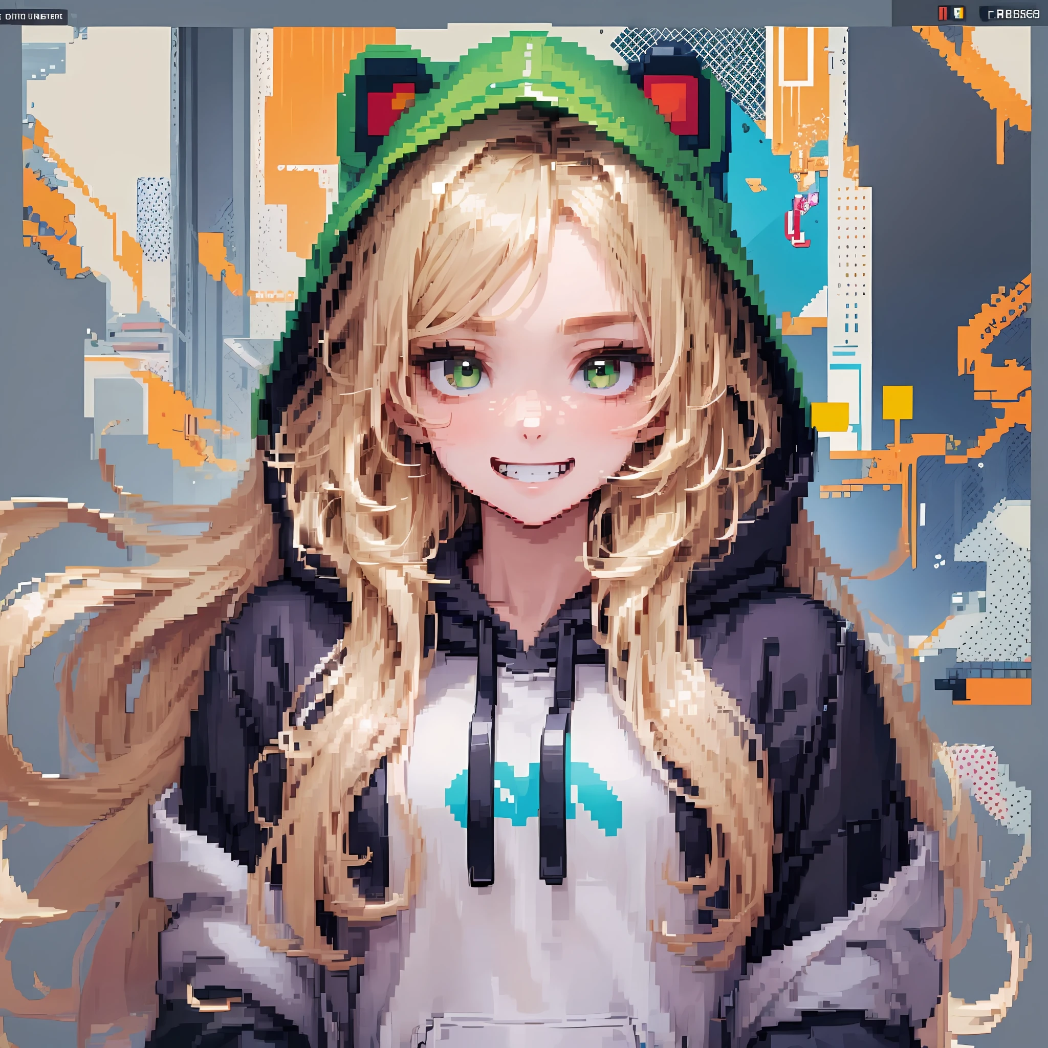 Pixai, pixel art, pixel, 16 bits, 1girl, close-up, face only, beige hair, blonde hair, green eyes, grin, loose hoodie, black hoodie, hood, big hair, wavy hair, very long hair, pixel official art, absurd res, looking at viewer, solo focus, simple background, gray background