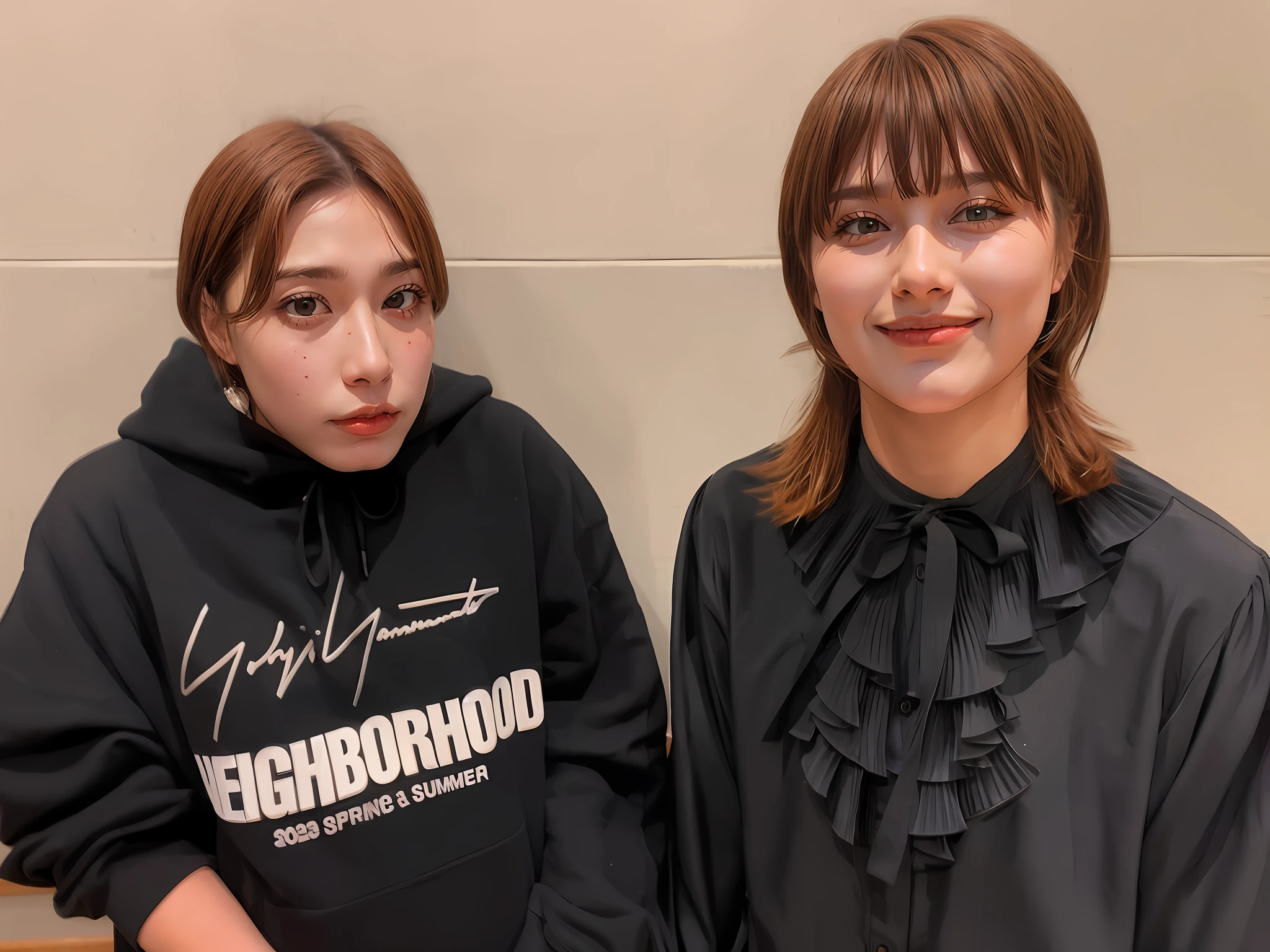 Two women in black shirts standing next to each other, yoshitomo nara and aya takano, by Oka Yasutomo, ayami kojima and lyde caldwell, 🔞🤡, curtain bangs, makeup, chiho, by Niko Henrichon, Full round face!, exclusive, With short hair, hime-cut, with black, with ivy