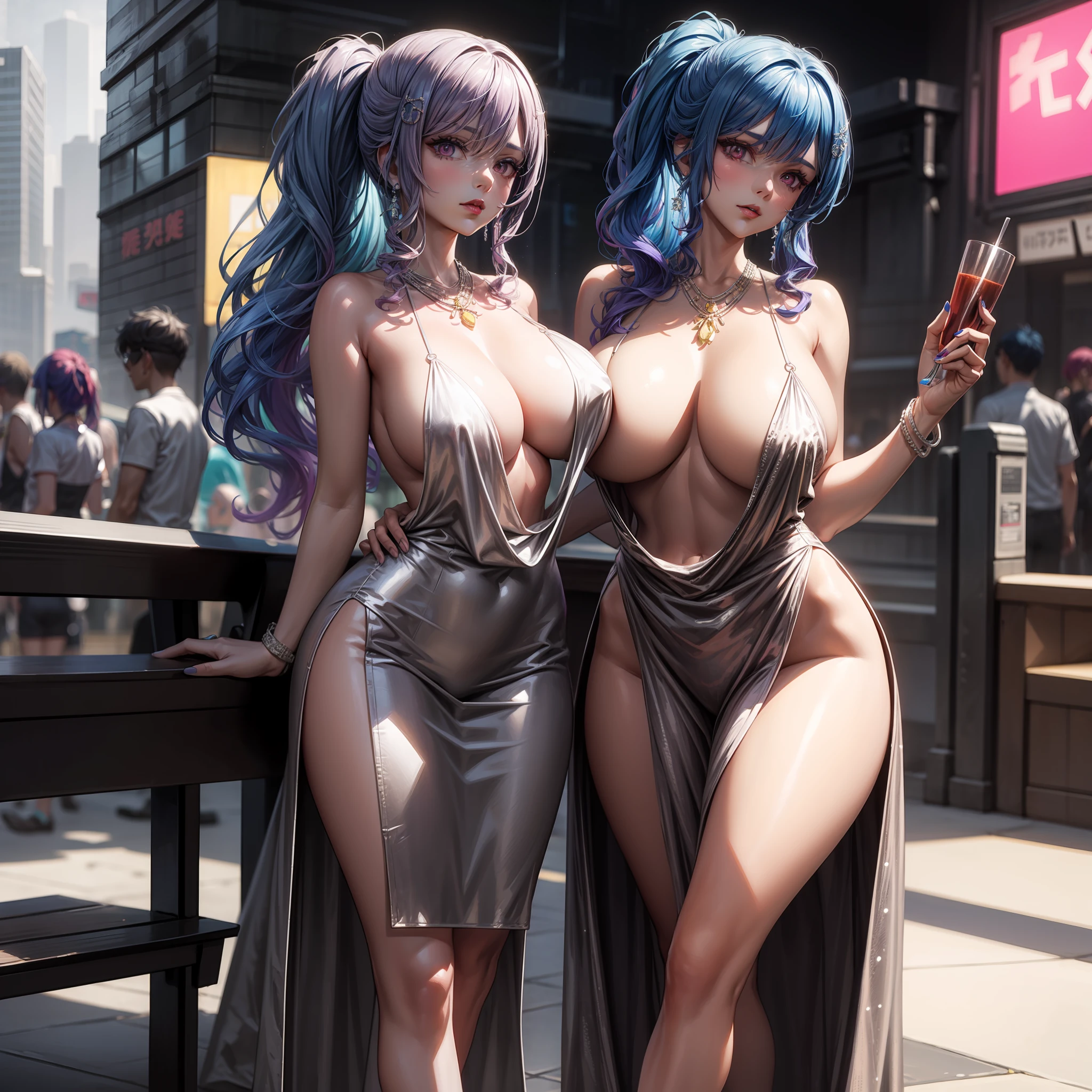 Woman with purple hair and pink sunglasses posing on bench, an oppai cyberpunk, at cyberpunk city, seductive anime girls, Guviz-style artwork, female cyberpunk anime girl, cyberpunk anime girl, digitl cyberpunk - anime art, Anime girl cosplay, trending on cgstation, hyper realistic anime, Anime girl in real life, Ross Trunk 8K,huge tit,Blush,Japan goddess,