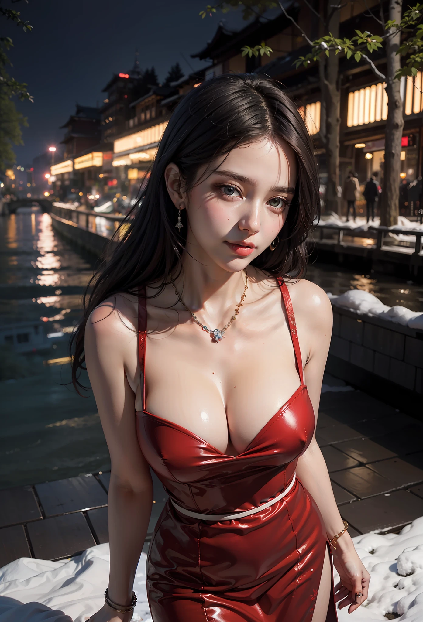 night,(night:1.8),(city lights:1.9),(red theme,),in winter,snow,onsen,(nature:1.9),1girl,full body,black hair,very long hair,grin,sexy,unaligned breasts, dynamic angle,dynamic pose,outdoors,chinese style architecture,High color saturation,Color saturation,(jewelry:1.4),putting on jewelry,
ray tracing,cinematic lighting,(raw photo:1.2), (photorealistic:1.4), absurdres, incredibly absurdres, huge filesize , ultra-detailed, highres, extremely detailed,best quality ,masterpiece, illustration, an extremely delicate and beautiful, extremely detailed ,CG ,unity ,8k wallpaper, Amazing, finely detail, masterpiece,best quality, pureerosface_v1,ulzzang-6500-v1.1,