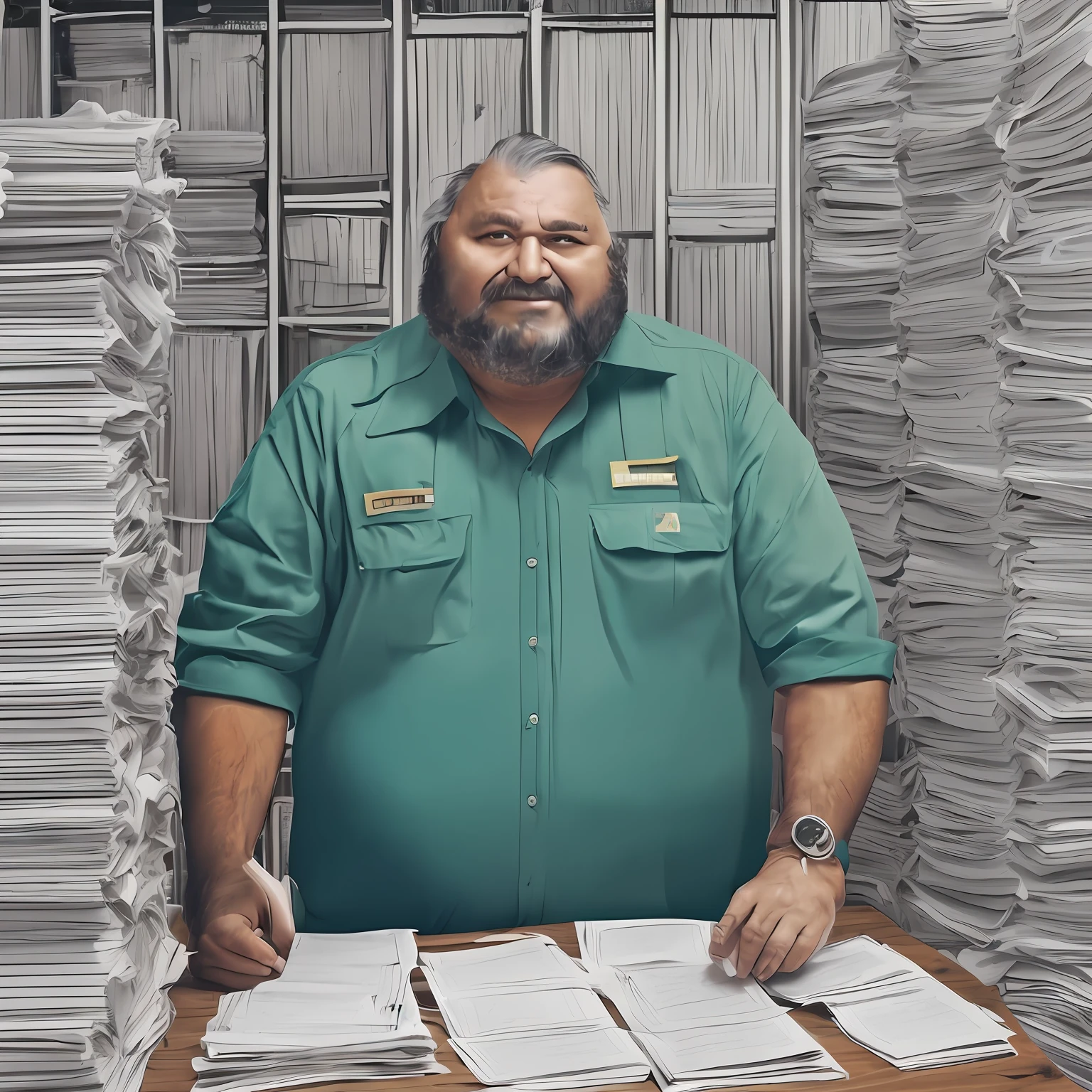 ((Oficina de aduana, Papeles y equipaje)), A very fat disheveled man , cara enojada, Camisa azul, pantalones khaki, sentado en el fondo