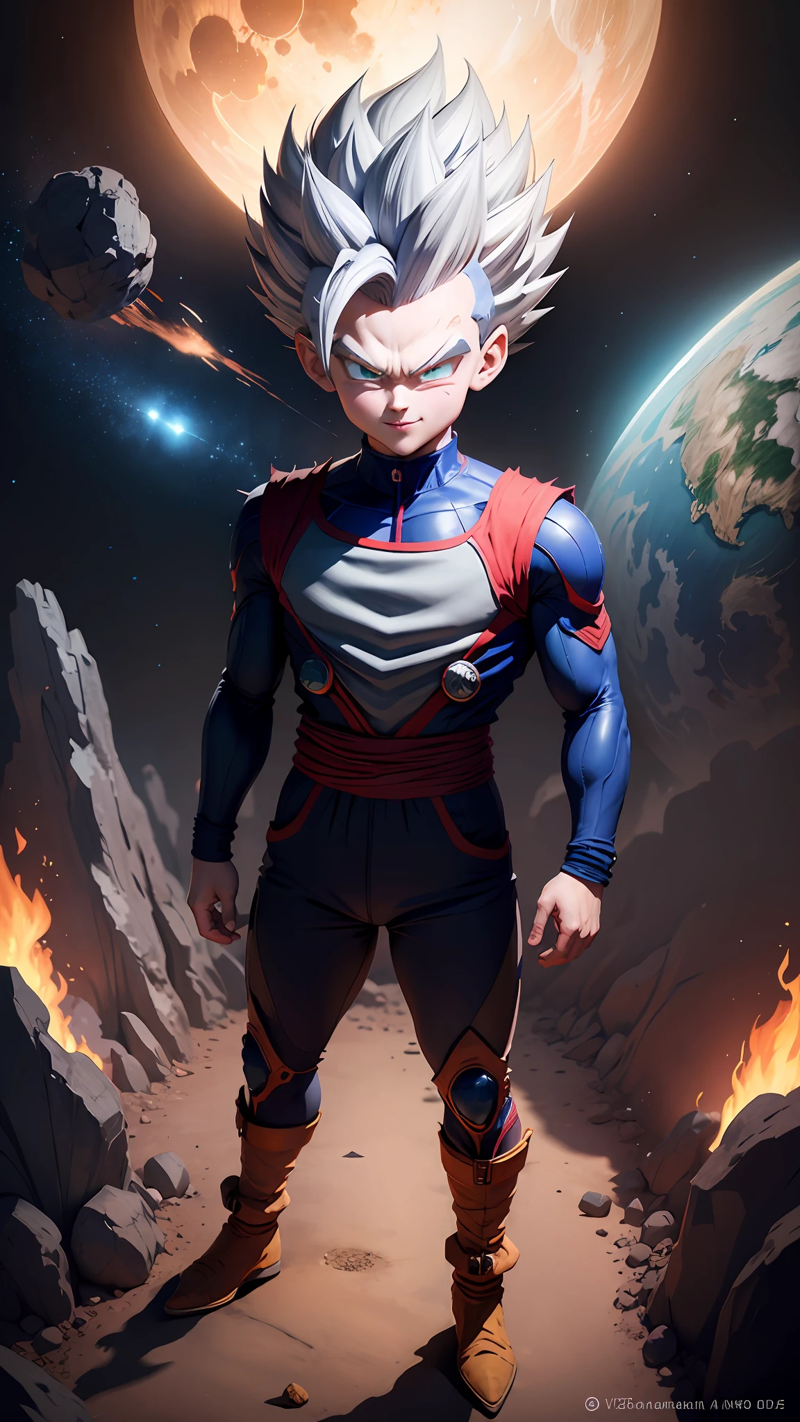 masterpiece, best quality, ultra-detailed, adusonic vegeta 1boy, solo, super sayagin 5, full body, evil smile, gray hair, spiky hair, red eyes, dougi, full body, looking at the viewer, male focus, earth \(planet\), planet, space, cracked soil and rocks rising, rubble rising,