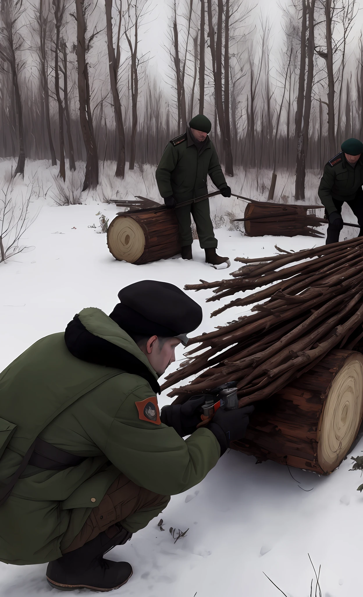 Several men in green jackets are working in a large trunk, silvicultura, Ilya Ozornin, Sergey Zabelin, a foto mostra um grande, cortar, inspirado em Vladimir Borovikovsky, Sergey Krasovskiy, toras de madeira, pano de fundo, Robot seizes the crown of the forest, foto do cartaz, injection, oils, typical russian atmosphere, Danila Tkachenko