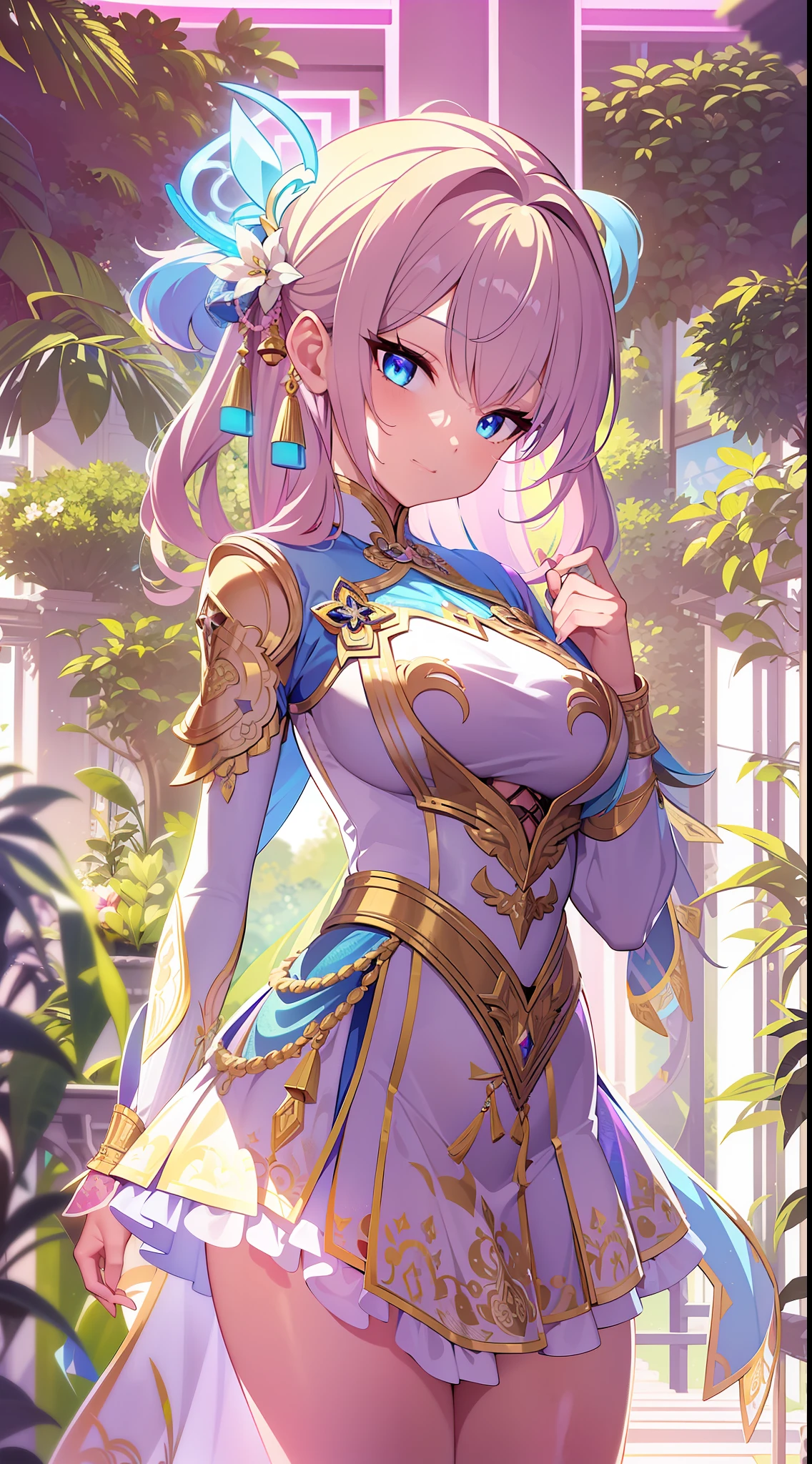 ((Masterpiece)), best quality, absurderes, ultra detailed, 8k, super complex details, intricate details, holographic, cowboy shot, golden ratio, super cute girl, neon aura, delicate and beautiful face, mature girl, idol girl, super beautiful asian girl with super beautiful glowing eyes, super beautiful glowing multicolored hair, super cute hairstyle, nice and sexy body, slim body, perfect body, wearing a super tight and super cute leotard, a super sexy divine armor and cute and celestial hair ornament, with a cute magical fantasy pet, in a beautiful garden with super beautiful flowers