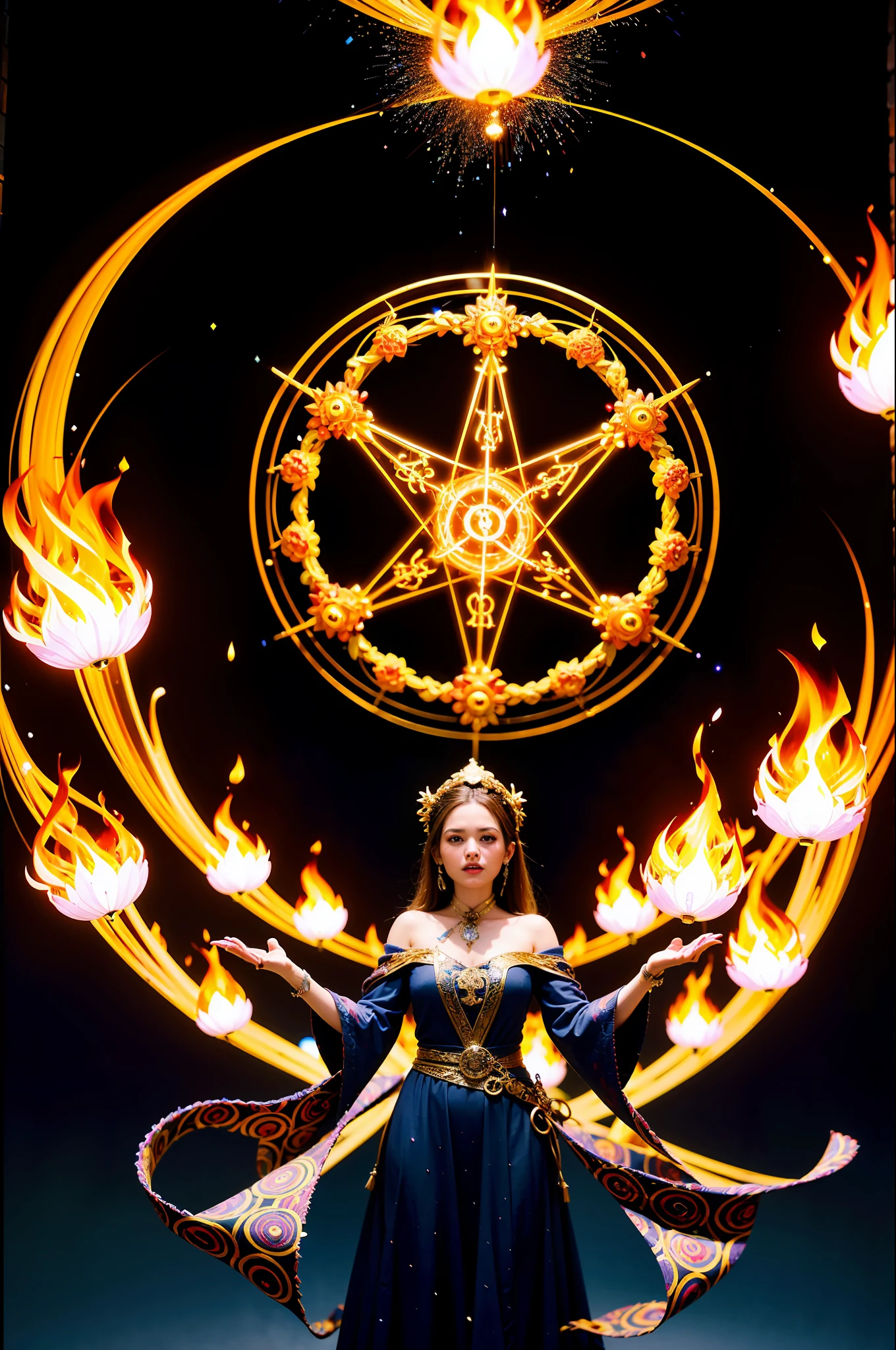 (masterpiece), (best quality:1.4), absurdres, [:intricate details:0.2], 1girl, Flowing robes, intricate magical circles, glowing runes, shimmering aura, intense focus, arcane incantations, crackling energy, levitating artifacts, ethereal staff, flickering candles, swirling mist, sparkling motes, mystical crystals, glowing sigils, intricate hand movements, otherworldly chanting, mysterious symbols, powerful invocation, transcendent awareness,
