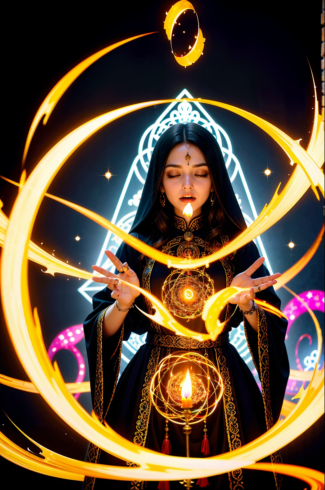 (masterpiece), (best quality:1.4), absurdres, [:intricate details:0.2], 1girl, Flowing robes, intricate magical circles, glowing runes, shimmering aura, intense focus, arcane incantations, crackling energy, levitating artifacts, ethereal staff, flickering candles, swirling mist, sparkling motes, mystical crystals, glowing sigils, intricate hand movements, otherworldly chanting, mysterious symbols, powerful invocation, transcendent awareness,