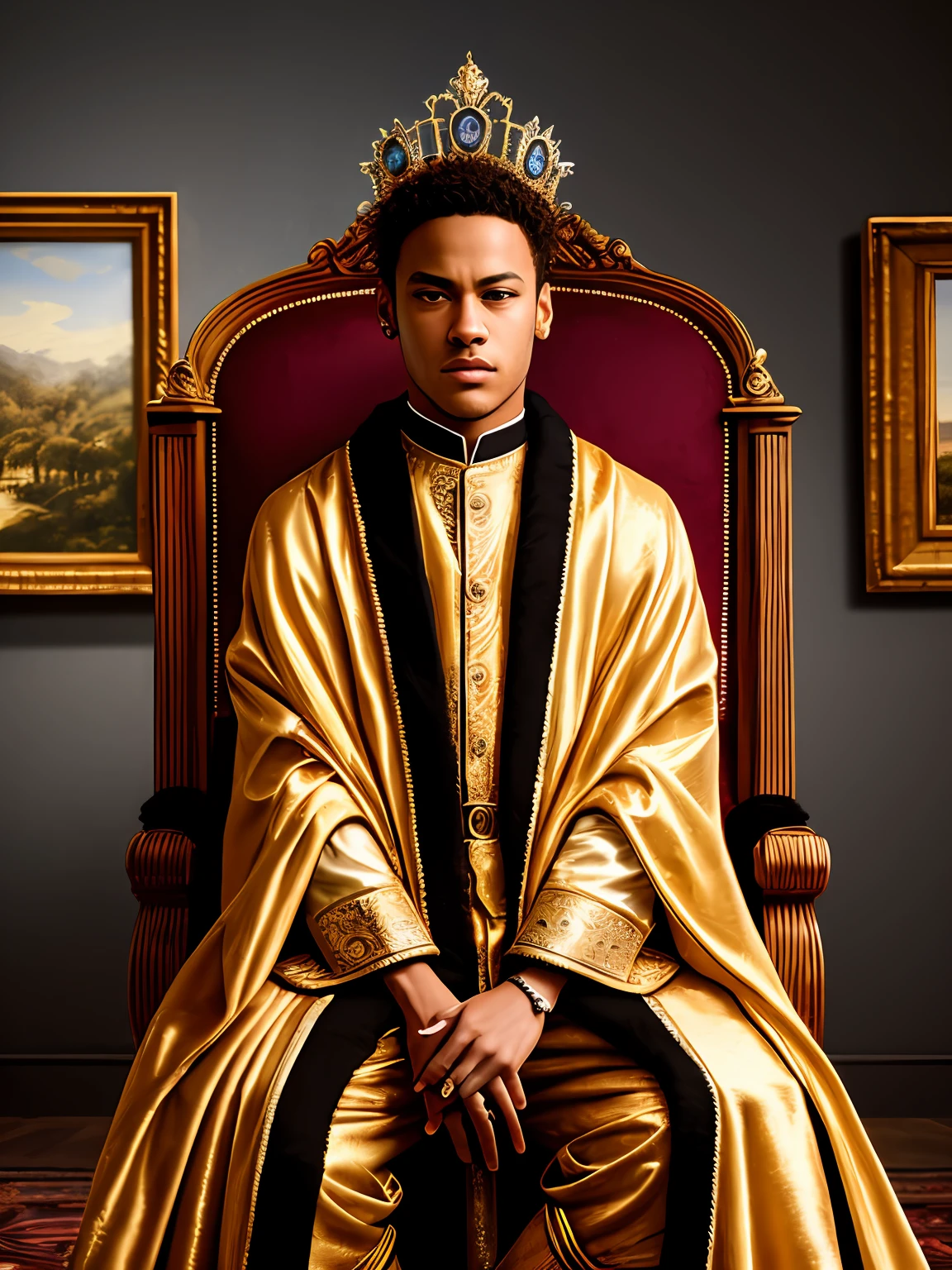 Junior Neymar, sitting on the throne, king's clothes, crown, cloak, inside the castle with Brazilian paintings, and photos of him. Masterpiece, best quality, highest quality, cinematic lighting, (volumetric lighting), extremely detailed CG 8k wallpaper unit, focused, 8k wallpaper, 4k wallpaper, extremely detailed, ultra realistic, photorealistic, sharp focus, absurd, (HDR: 1.2), (high contrast), photography, detailed and intricate, instagram, portrait, highly detailed, digital painting, art
