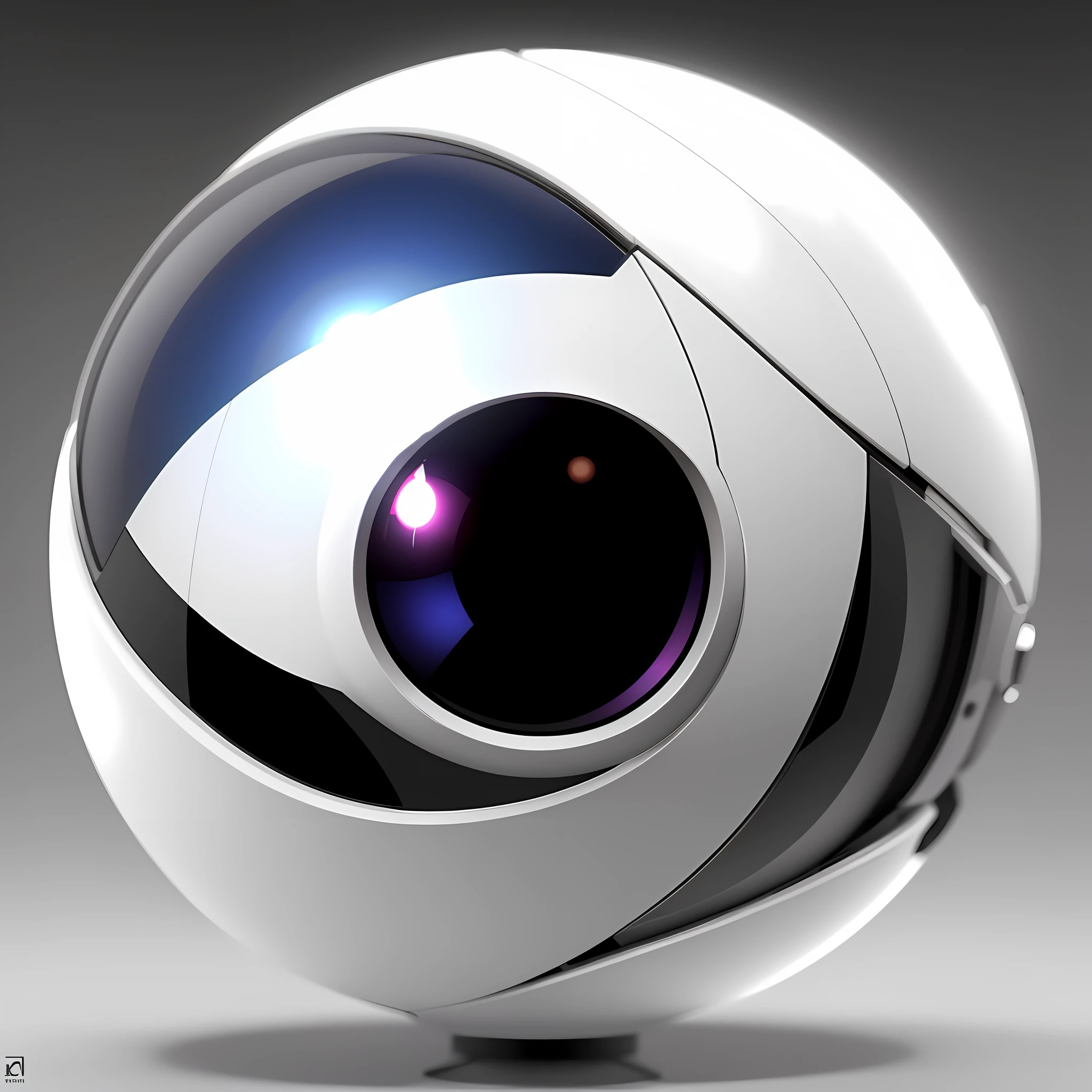 um close up de uma bola branca e preta com um olho azul, robotic eye, bright mechanical eye camera, robot eye, robotic eyes, cinema 4d ray traced, C 4 D ", fisheye camera, robot eyes, open robotic eyes, human with one robot eye, eye cyberpunk bionics, Wheatly do Portal 2, Cinema 4D :9 rosto detalhado: 8 voando:8 --auto