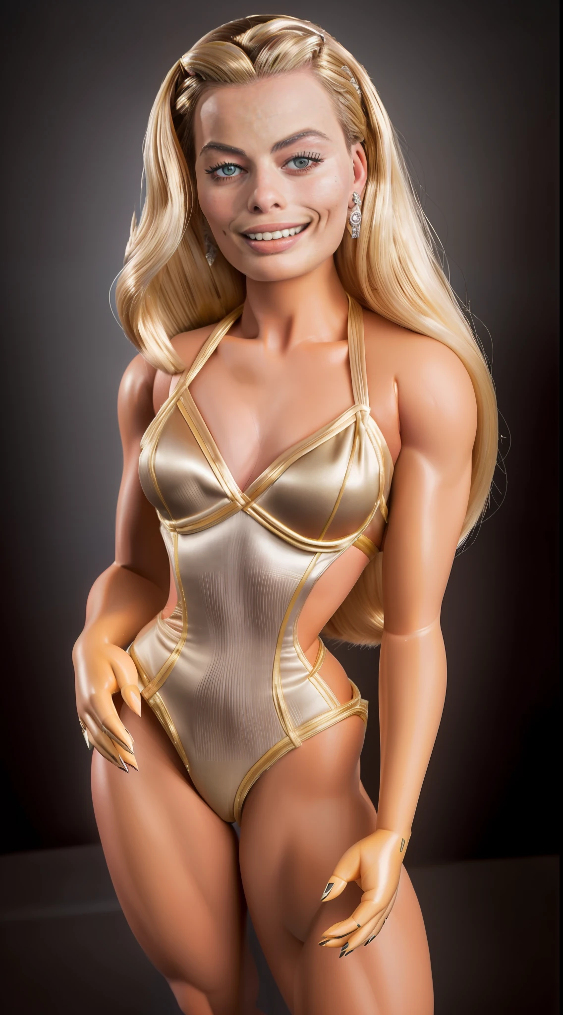 full body lower angle shot, beautiful ((Margot Robbie as Barbie bodybuilder:1.4)), smiling, (realistic human skin texture:1.4), (realistic photo:1.4), (((high resolution illustration))), (((extremely detailed))), ((masterpiece)), cinematic lighting, dramatic shadows, (((best quality))), high detail, (cinematic light:1.1)