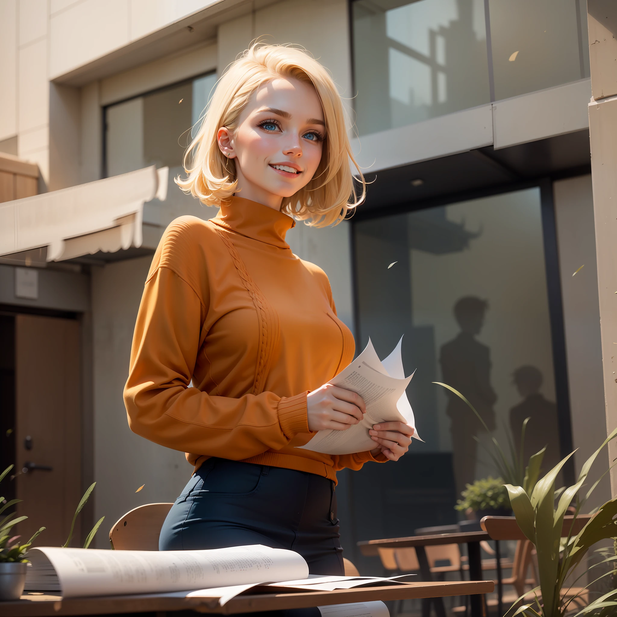 (dramatic illumination, dynamic angle, intense color contrast), [(young woman with blonde bob hair, blue eyes: 1.2), (standing outdoors beside a table with a tall stack of papers, some blowing away in wind: 1.2), (wearing orange sweater, navy blazer and skirt: 1.1), (on lawn near midcentury modern style building:1.1) (smiling)