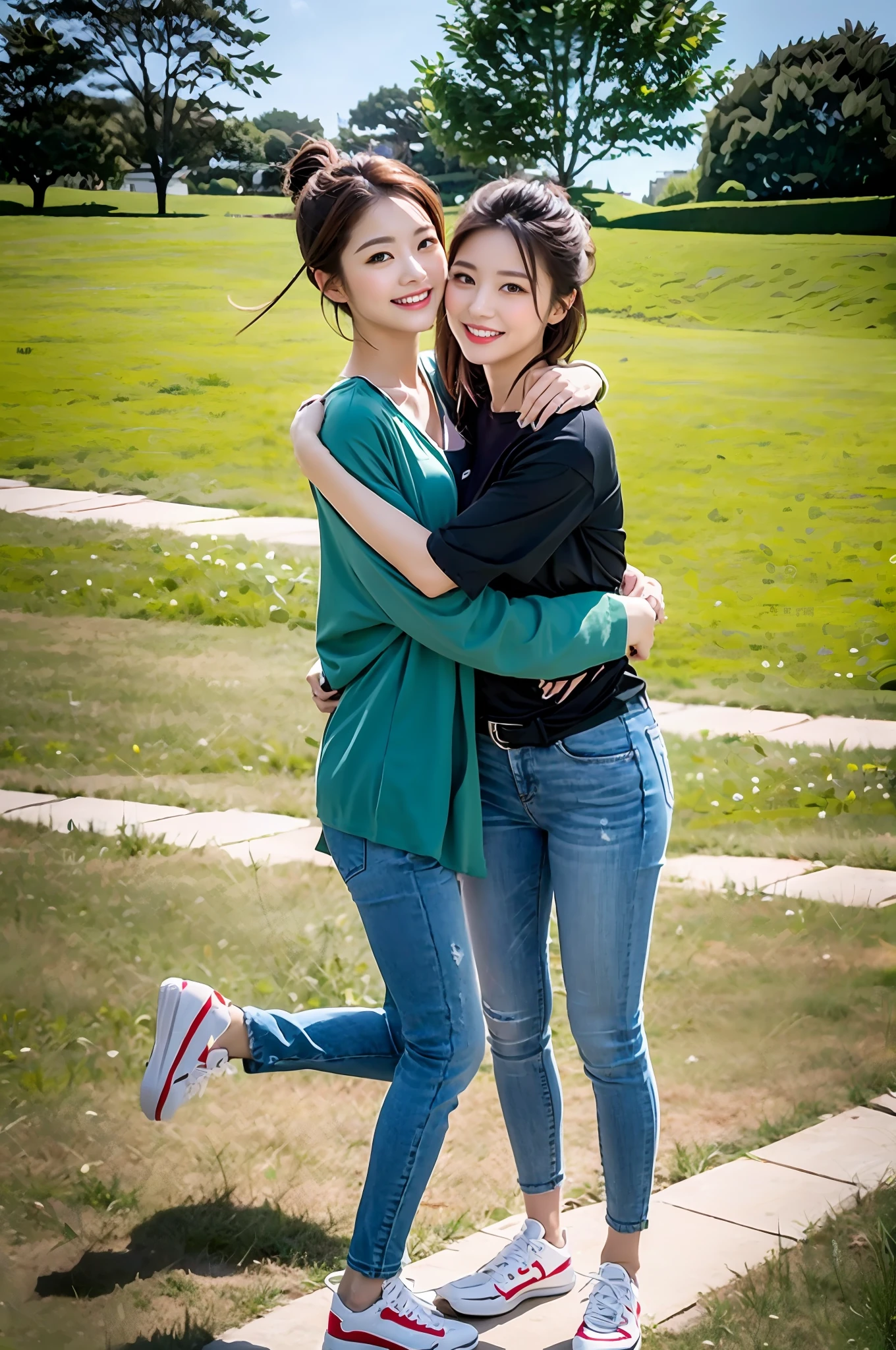 (RAW photogr,超高分辨率,tmasterpiece,best qualtiy:1.4),Complicated details,2 20 year old Korean girl,Wear a loose black T-shirt and skinny jeans,Stand on the grass and take pictures,hugs,Intimate relationships,Detailed meadow,A sweet smile on a small face,The face and skin are pink and fair,Ultra-realistic facial details,Playful and coquettish pose,The calves are straight and slender:1.5,Wear high-end branded colorful travel shoes:1.5,eventide,warm color,Broad lighting,naturalshadow,Shoot from the back,Show the perfect waist and hips,taking a full body photo:1.8