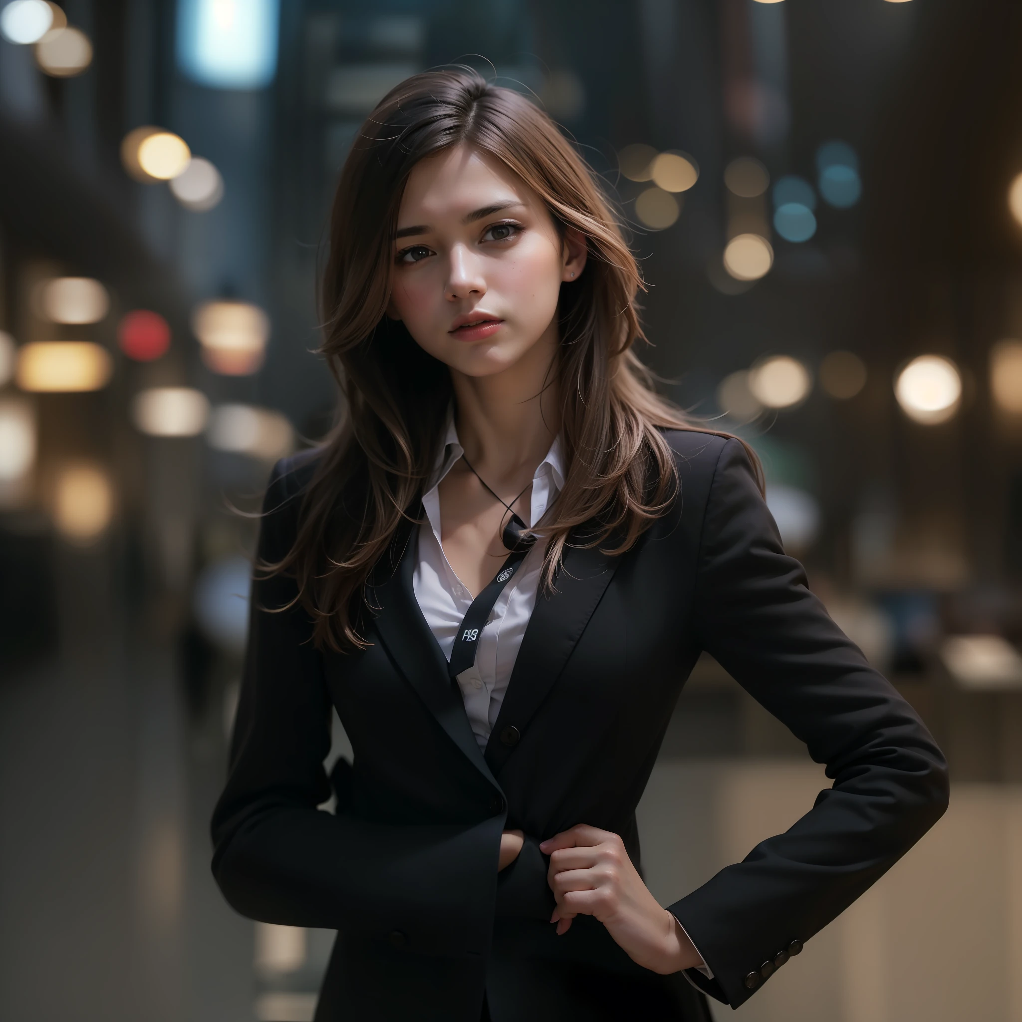 best quality, masterpiece, 1girl, Beautiful face, (photo realistic:1.3), rim lighting, (high detailed skin:1.2), 8k uhd, dslr, high quality, high resolution, 4k, 8k, Bokeh, absurdres, best ratio four finger and one thumb, (realistic:1.3), cute 1girl, wearing black formal blazer, medium breasts, short skirt,