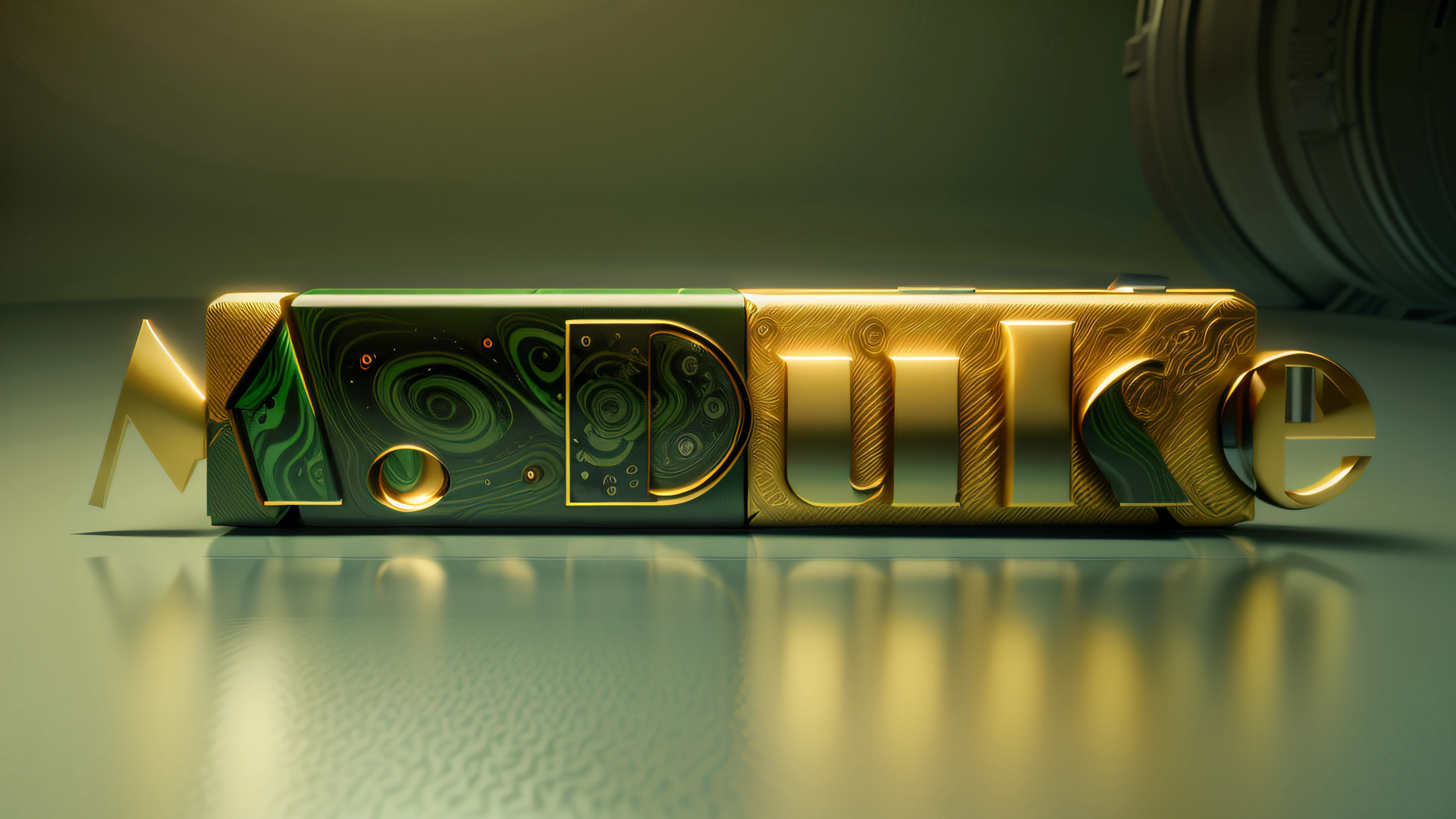 Luxury logo with the title M. duque, 3D-rendering, 8k, NVIDIA, ray-traced, Bokeh, Fulgurar, luz e sombras realistas, green marble dog with gold