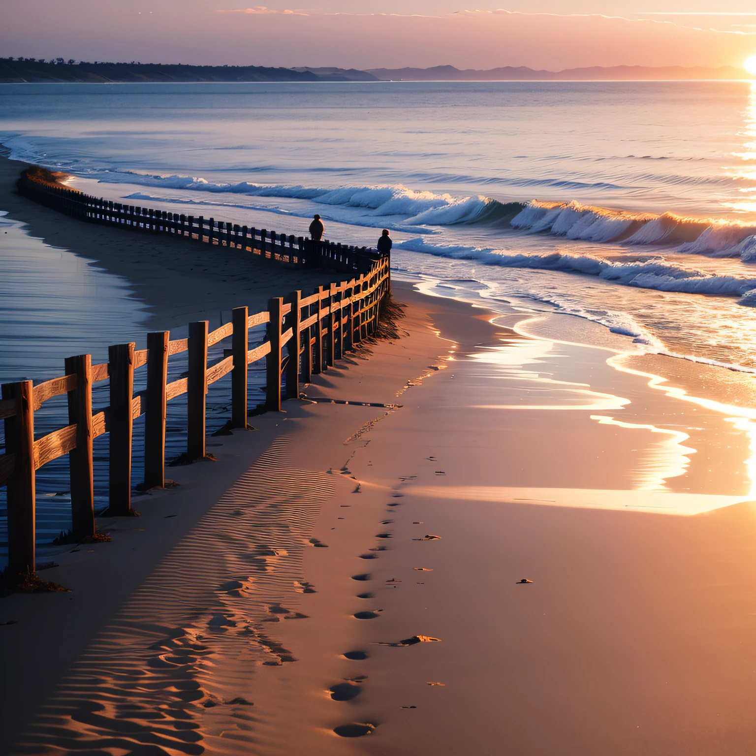 beachside，Stand on the long fence，The reflection of a person，evening light --auto