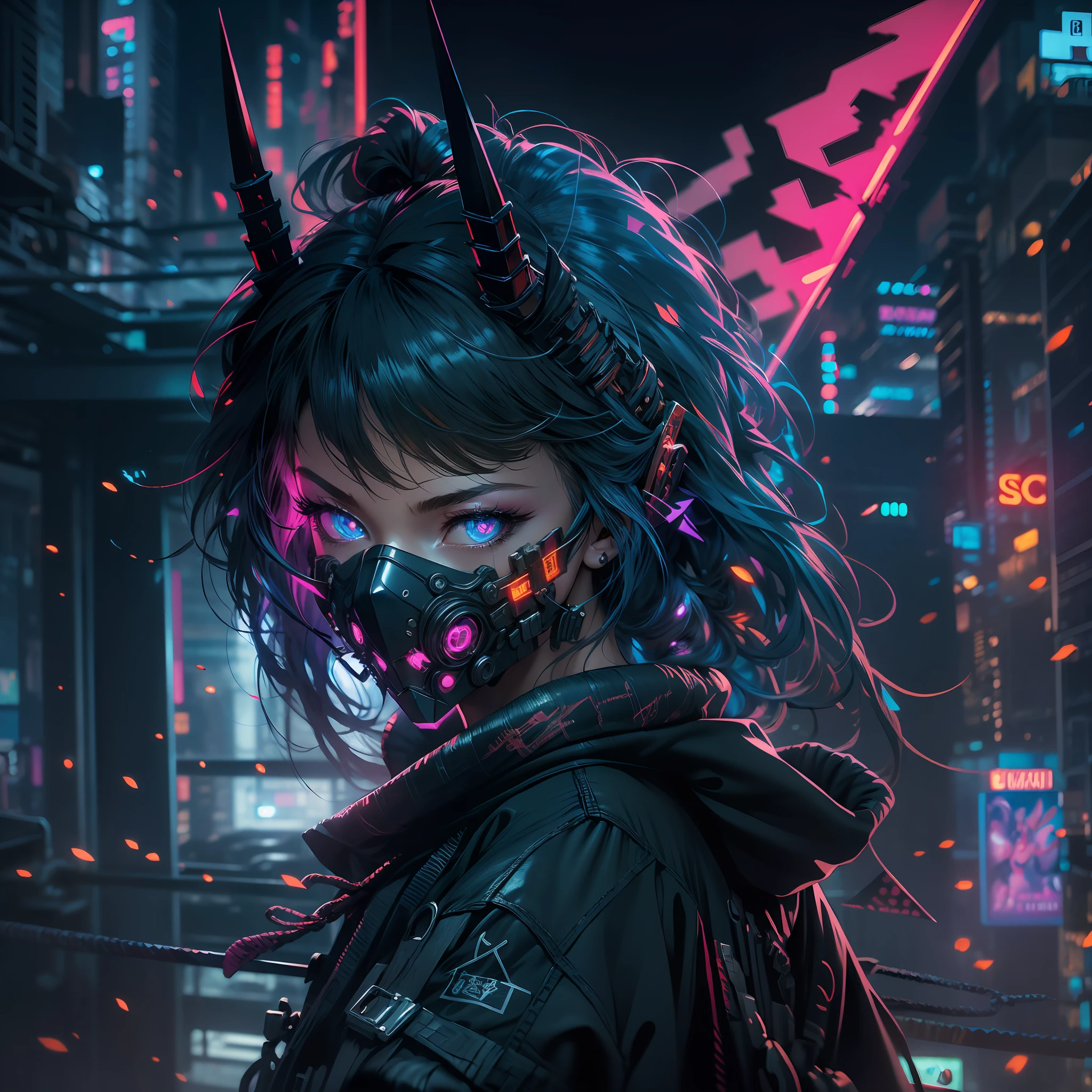 (detailed and high quality CG illustration, masterpiece)+(cyberpunk ninja girl+night scenery+building rooftop),(dark atmosphere+neon luminous light), vibrant and evil-looking demon mask that features sharp and pointed teeth (demon mask:1.3), equipment details, the demon mask's eyes are luminous with neon colors (demon mask+neon luminous eyes: 1.2)، ninja cyberpunk samurai clothes, close up view, from above, katana sword