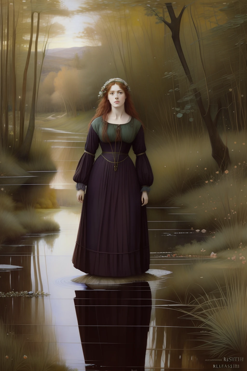 (((Pre-Raphaelite painting))), Willow in a swamp, bruxa celta, feiticeira, mulher velha e curvada, Magia Celta, lua crescente.