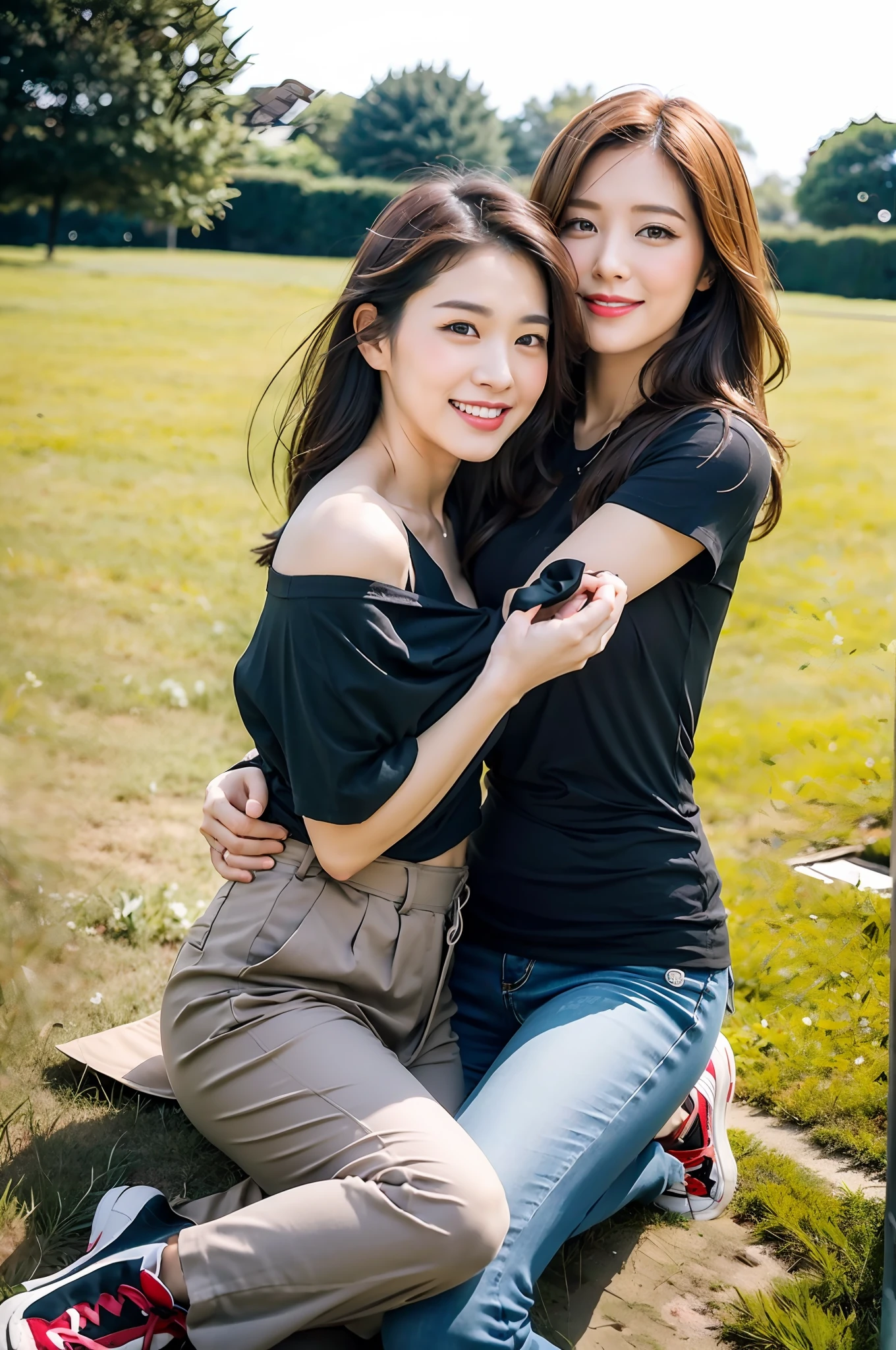 (RAW photogr,超高分辨率,tmasterpiece,best qualtiy:1.4),Complicated details,2 20 year old Korean girl,Wear a loose black T-shirt and skinny jeans,Stand on the grass and take pictures,hugs,Intimate relationships,Detailed meadow,A sweet smile on a small face,The face and skin are pink and fair,Ultra-realistic facial details,Playful and coquettish pose,The calves are straight and slender:1.5,Wear high-end branded colorful travel shoes:1.5,eventide,warm color,Broad lighting,naturalshadow,Shoot from the back,Beautiful waist and hips,taking a full body photo:1.8