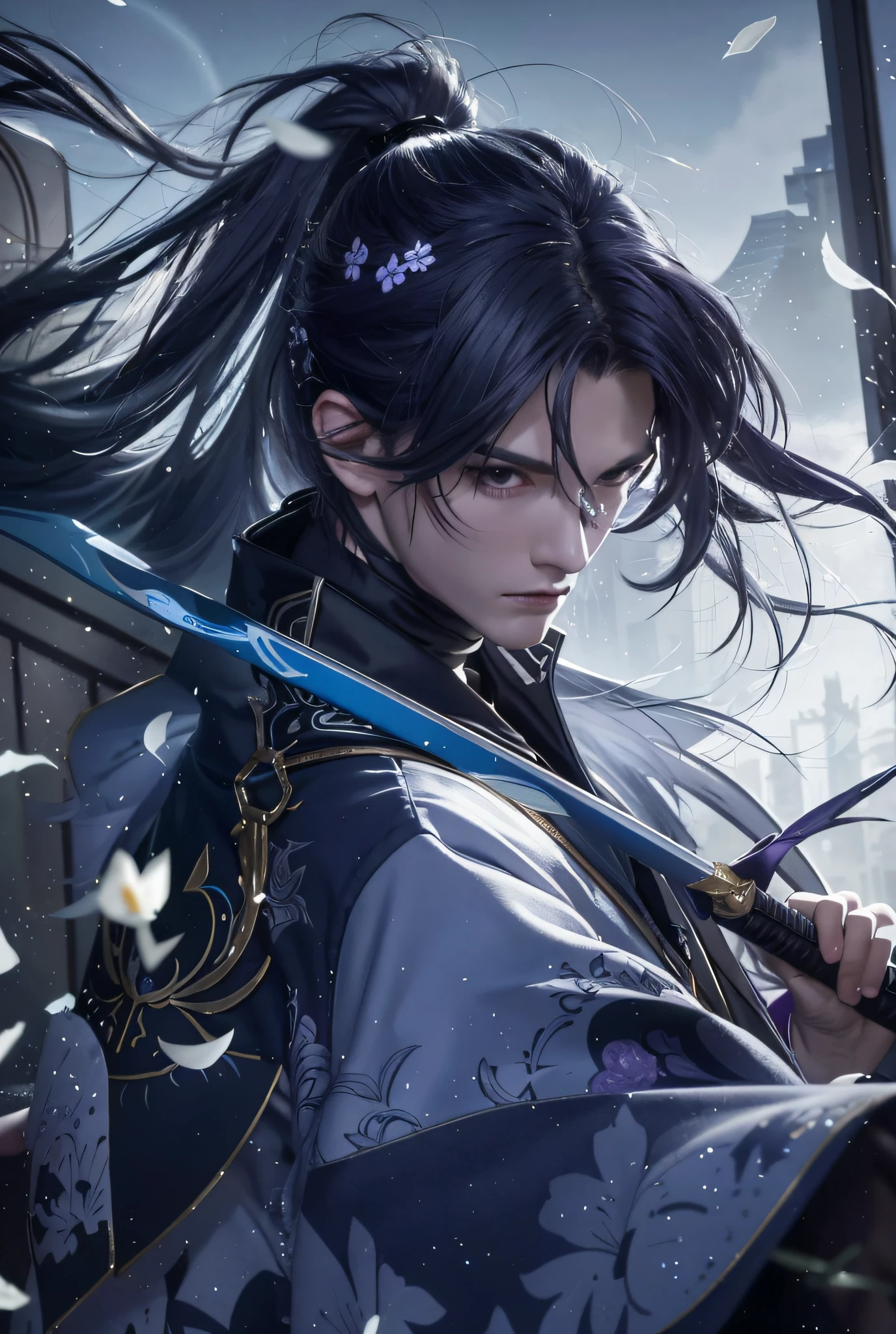 Blue-purple style, blue-purple long hair, fluttering ponytail, flying flowers, scabbard on the back, messy hair, broken hair, long hair, chivalry, very beautiful cyberpunk digital artwork, male focus, handsome, heroic and sassy, beautiful man, wearing a blue and white kimono, holding a long sword on the shoulder, chivalry style, high-quality detail depiction, blurred background and soft light set off, middle side shooting, middle side perspective, pattern decorations and ornaments, broken flowers and flying flowers, dense fog surrounding, light and shadow change extremely exquisite. Anime style 4k wallpaper.