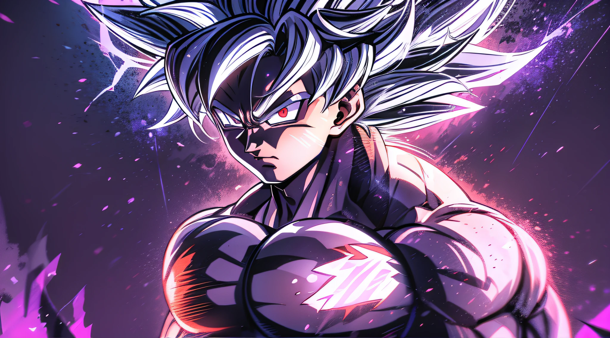 Son Goku transforming into Ultra Instinct surrounded by Violet Aura and lightningand holding his arms up, arms visible, 4k, Silver Hair, Silver Pupils, high details, epic, cinematic