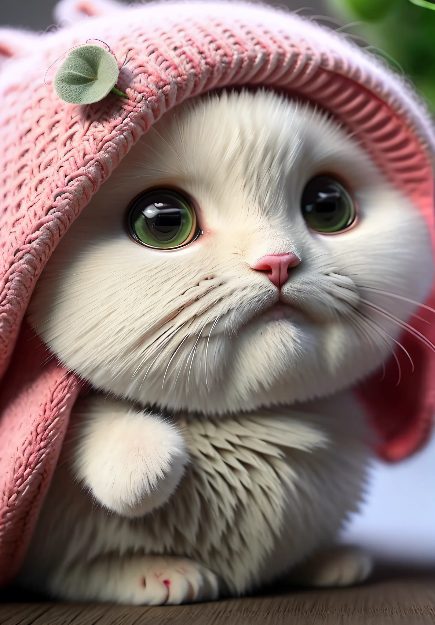 A fluffy cat , apple, dark circles, cherry, food, fruit, whole body, hat, non-human, tomato, watermelon