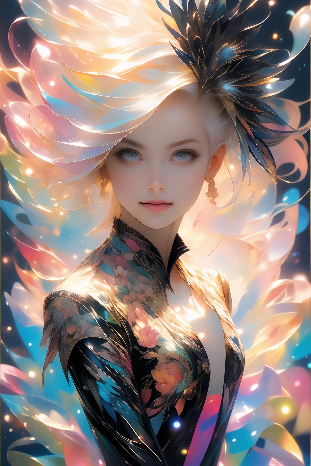 ((gorgeous princess)), one person, long flowing white hair, (bright and beautiful eyes), trending on Art Station, Flower of Hope by Jean-Honor Fragonard, Peter mohrbacher, super detailed, crazy details, Stunning, intricate, elite, art nouveau, ornate, liquid wax, elegant, luxurious, Greg Rutkowski, ink style, sticker, vector art beautiful character design, double exposure shot, luminous design , winning entry, masterpiece, amoled black background,