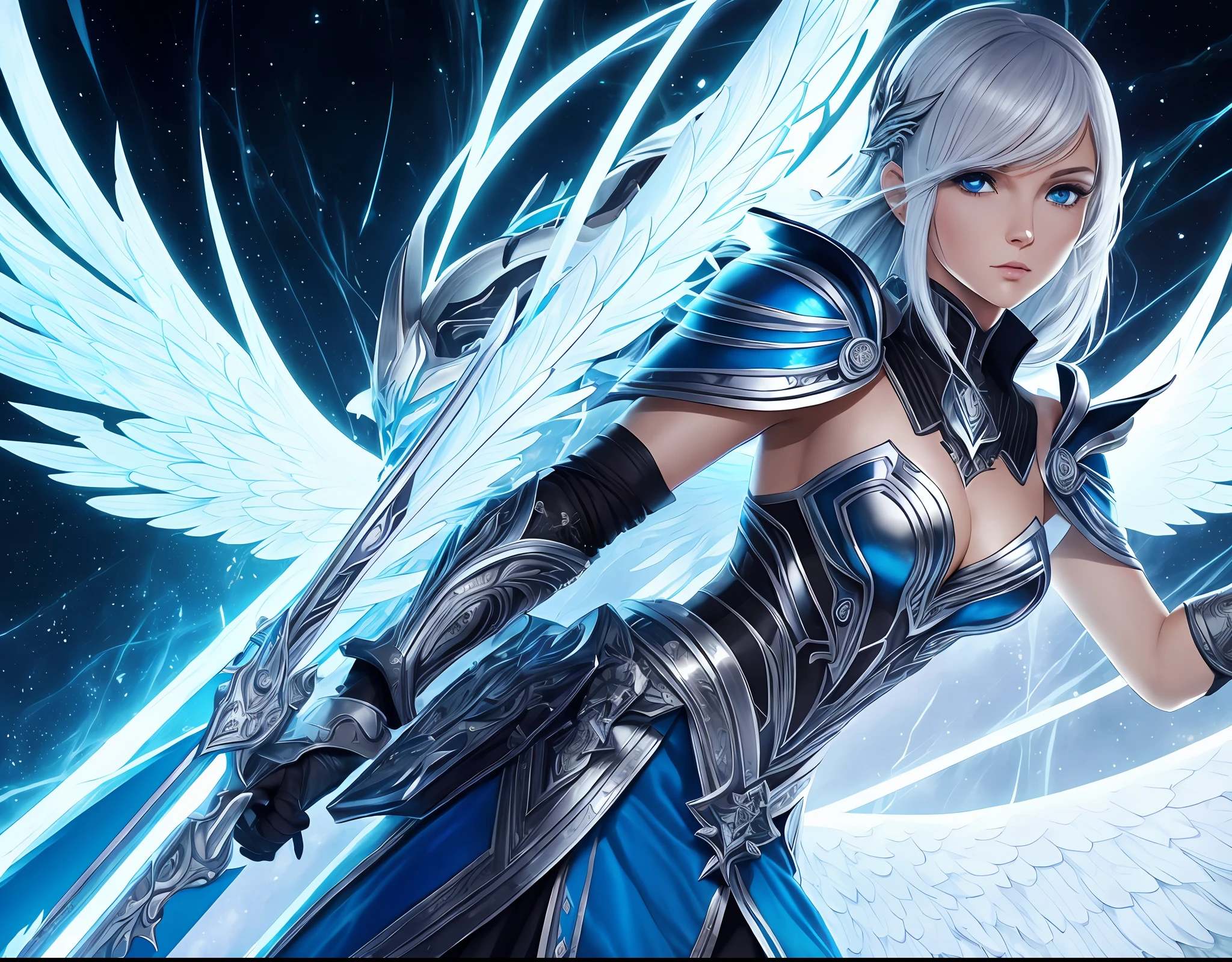 {Archangel with stunning male alien wings), gothic revival, cabelos loiros dourados longos, ethereal bright irises, pele clara, Perfect and detailed sharp angle shaped diamond human face, branco, ray tracing, full pouty lips, {sobrancelhas definidas por luz}, lightning, glitter, fundo detalhado azul claro, uniforme branco com armadura,foco nítido, anatomia perfeita, extremely detailed illustration, Approaching perfection, dynamic, detalhes intrincados, ultra-high-definition, 9k resolution, glamour, glimmer, ethereal, {arte de Ayami Kojima}, {arte de Heise}, esthetic, gotic, renda, concept art, liso, sonhador, retroiluminado, genial, sombras, liso, illustration