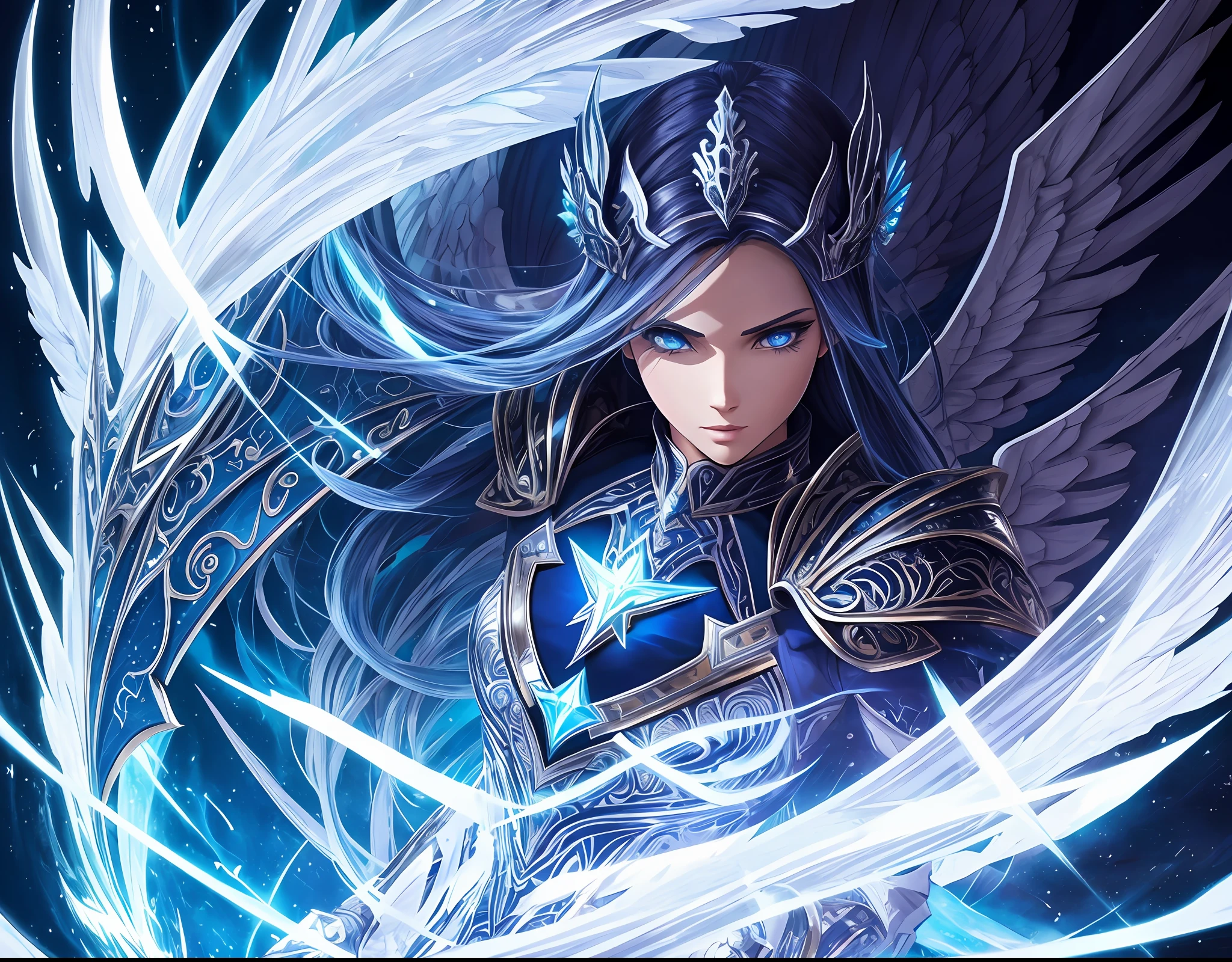 {Archangel with stunning male alien wings), gothic revival, cabelos loiros dourados longos, ethereal bright irises, pele clara, Perfect and detailed sharp angle shaped diamond human face, branco, ray tracing, full pouty lips, {sobrancelhas definidas por luz}, lightning, glitter, fundo detalhado azul claro, uniforme branco com armadura,foco nítido, anatomia perfeita, extremely detailed illustration, Approaching perfection, dynamic, detalhes intrincados, ultra-high-definition, 9k resolution,  glamour, glimmer, ethereal, {arte de Ayami Kojima}, {arte de Heise}, esthetic, gotic, renda, concept art, liso, sonhador, retroiluminado, genial, sombras, liso, illustration