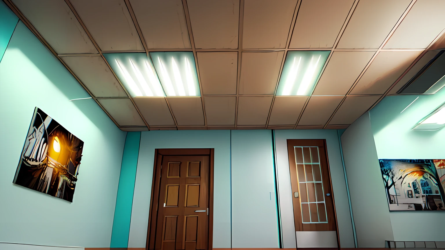cenario de anime, arte desenhada, luz apagada, cenario de anime, ((cell-shading)), image of the interior of an office, camera baixa mostrando o teto, porta ao fundo, janela, cenario de anime, desenho animado, Anime colorido