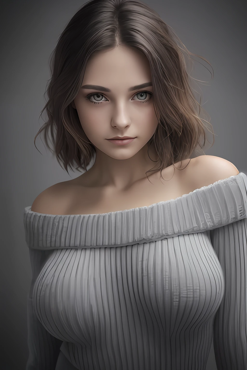 Hypersmoke, dark background,, big boobs,(masterpiece), best quality, extremely detailed, (realistic), ((high detailed skin and eyes)), bloom, delicate and beautiful, studio photo, (from below),(1girl:1.4), (solo:1.2), fit body, large breasts, (ribbed sweater:1.3), off-shoulder sweater, (short shorts:1.2), bare shoulders, (underboob:1.2), ((dark skin:0.8)), beautiful eyes, (disheveled hair ), photography, over-the-shoulder shot, professional, canon camera, nikon camera, sharp, bokeh, studio quality, fisheye lens