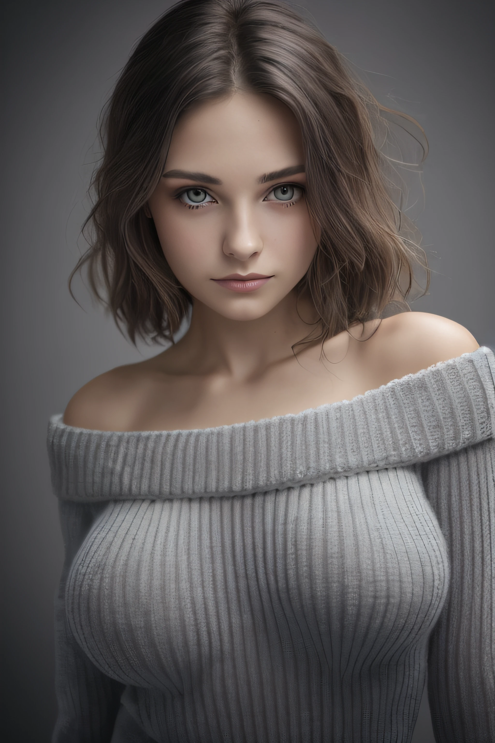 Hypersmoke, dark background,, big boobs,(masterpiece), best quality, extremely detailed, (realistic), ((high detailed skin and eyes)), bloom, delicate and beautiful, studio photo, (from below),(1girl:1.4), (solo:1.2), fit body, large breasts, (ribbed sweater:1.3), off-shoulder sweater, (short shorts:1.2), bare shoulders, (underboob:1.2), ((dark skin:0.8)), beautiful eyes, (disheveled hair ), photography, over-the-shoulder shot, professional, canon camera, nikon camera, sharp, bokeh, studio quality, fisheye lens