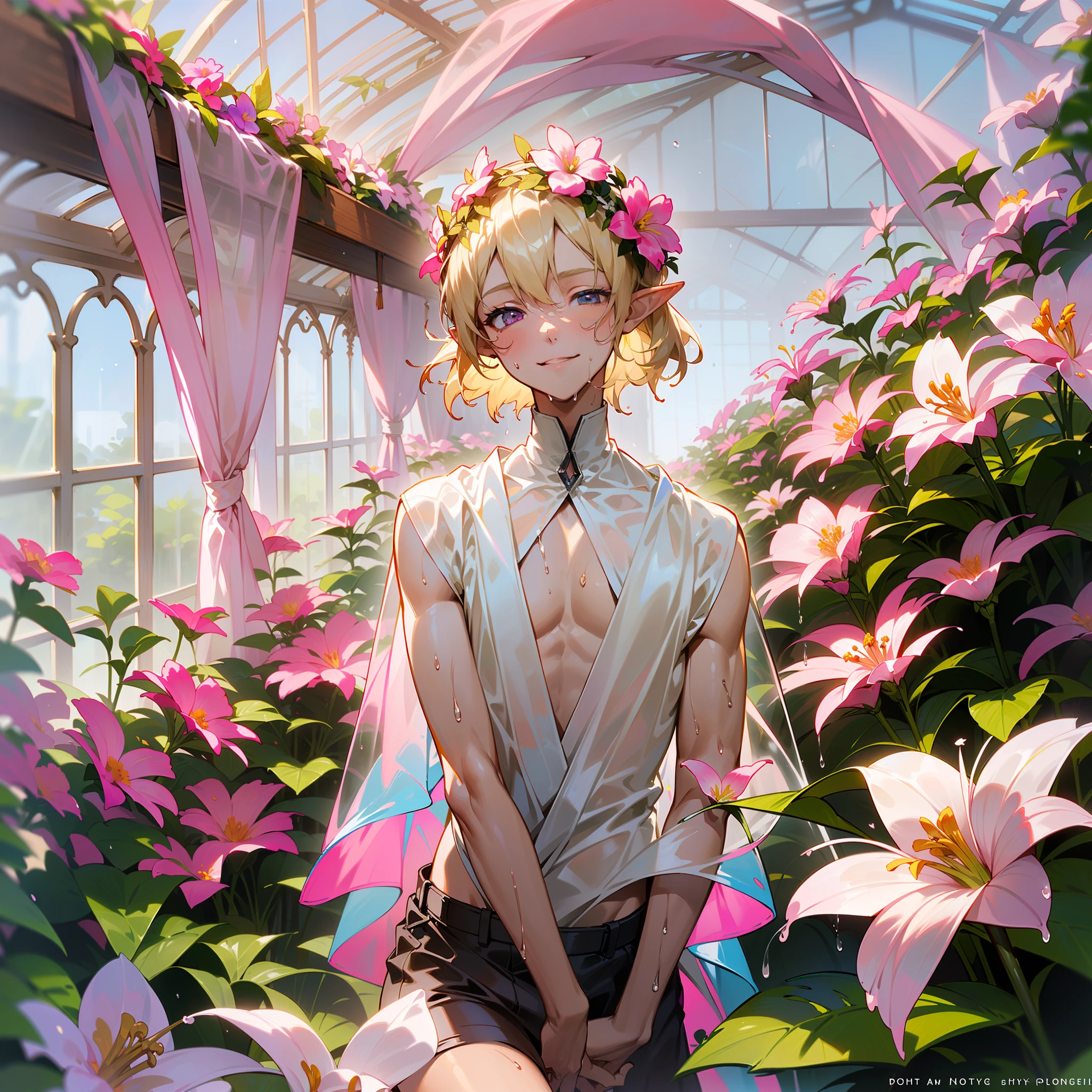young man, twink, (((male))), (((man))), (((one person))), single, solo, (((very light blonde hair))), (((pink colored eyes))), (medium short hair), (chin-length hair), wavy hair, slim body, ((flat chest)), (((fantasy style))), (((wearing flowers in his hair))), flowercrown, ((pointy ears)), (((light pink colored eyes))), smooth skin, bare legs, (((wearing only a loose piece of fabric))), (((body covered in loose transparent fabric))), ((white colored fabric)), (((transparent fabric))), (wet fabric), smiling, greenhouse in the background, soft light falling in through big detailed windows, tropical flowers, ((picking an exotic flower)), (((colorful flowers))), (different colors flowers), pond in the greenhouse