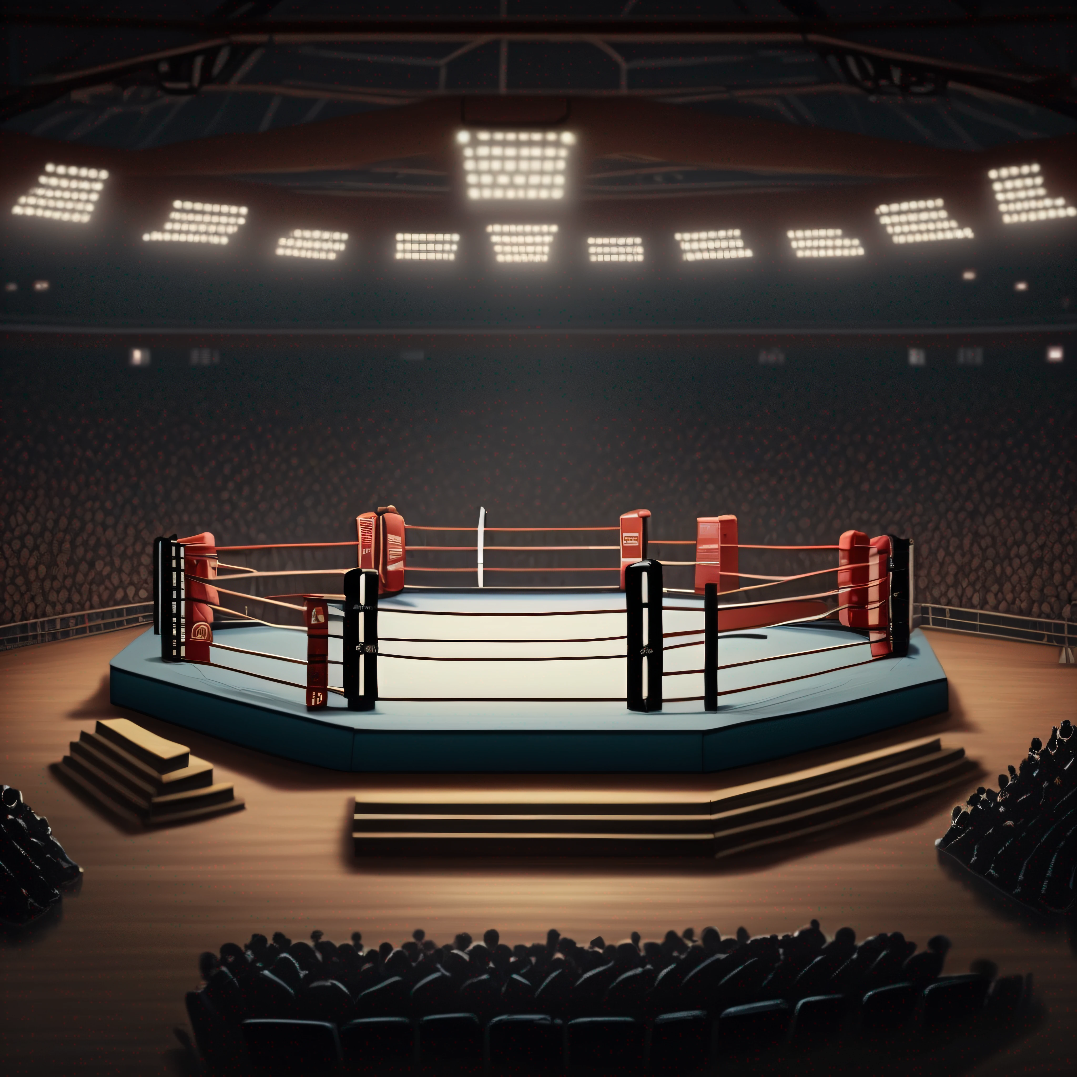 The scene of a boxing match, just the boxing ring, no fighters, no people in the ring, an octagon-type boxing ring with the audience around, without the fighters, an empty octagon, a fighting arena with an octagon, the octagon-shaped fighting ring.