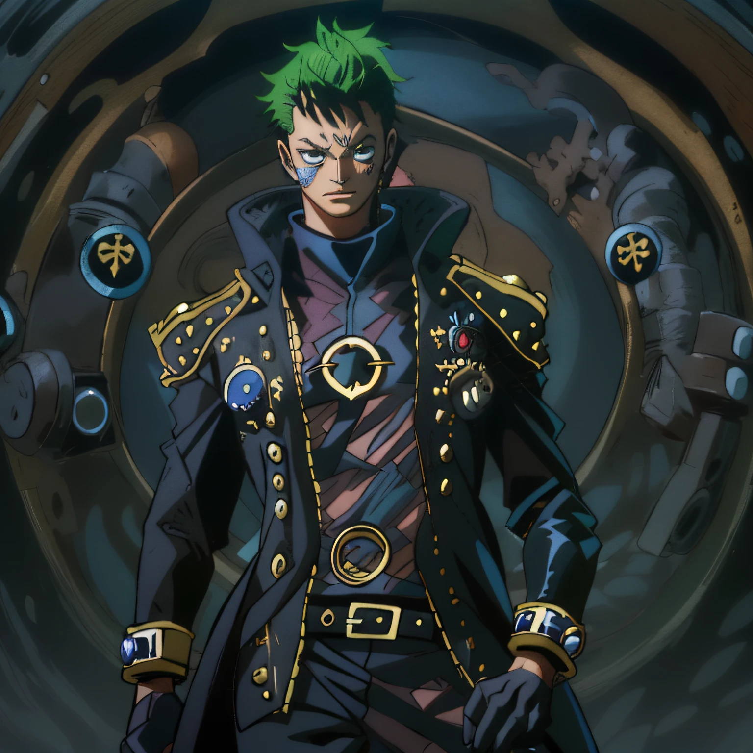 The man in black clothing is an intriguing and imposing figure. His posture is haughty and confident, transmitindo uma aura de poder sombrio. Seu magro, The athletic body is wrapped in a detailed mechanical punk outfit, where the fusion of steampunk style with technological elements creates a unique and futuristic look. The new costume concept is even bolder, incorporating metallic details and gears that adorn your clothes in a functional and stylistic way. Arcane symbols are inscribed on the folds of the fabric, Revealing Your Connection to the Mystical Arts. Each piece of the suit is designed to exalt your presence on the battlefield, where the combination of style and functionality becomes a manifestation of your complex personality. Em um retrato de corpo inteiro no estilo D&d, He is depicted in the midst of darkness, highlighting your ability to move in the shadows with agility and discretion. O olhar sereno e intenso de seus olhos, com olheiras proeminentes, reflete a carga emocional que carrega em sua jornada. Vestido em uma dark space mercenary outfit, Your clothes merge with the technology of outer space, providing protection from the dangers of the cosmos. Details in dark tone and with strategic cuts reveal its ability to move easily in any hostile environment. The Anime Art Style Trigger reveals striking features on his face, com olhos grandes e expressivos que exibem a dualidade de sua natureza. Seus olhos, com um verde profundo e escleras negras, reflect the complexity of their feelings and decisions. The complexity of the character also manifests itself in the crustpunk style of his clothes, com elementos desgastados e adornos ousados. The combination of punk fashion with arcane and futuristic touches reveals an individual who defies convention and embraces his own identity. Neste retrato RPG estilo anime jojo