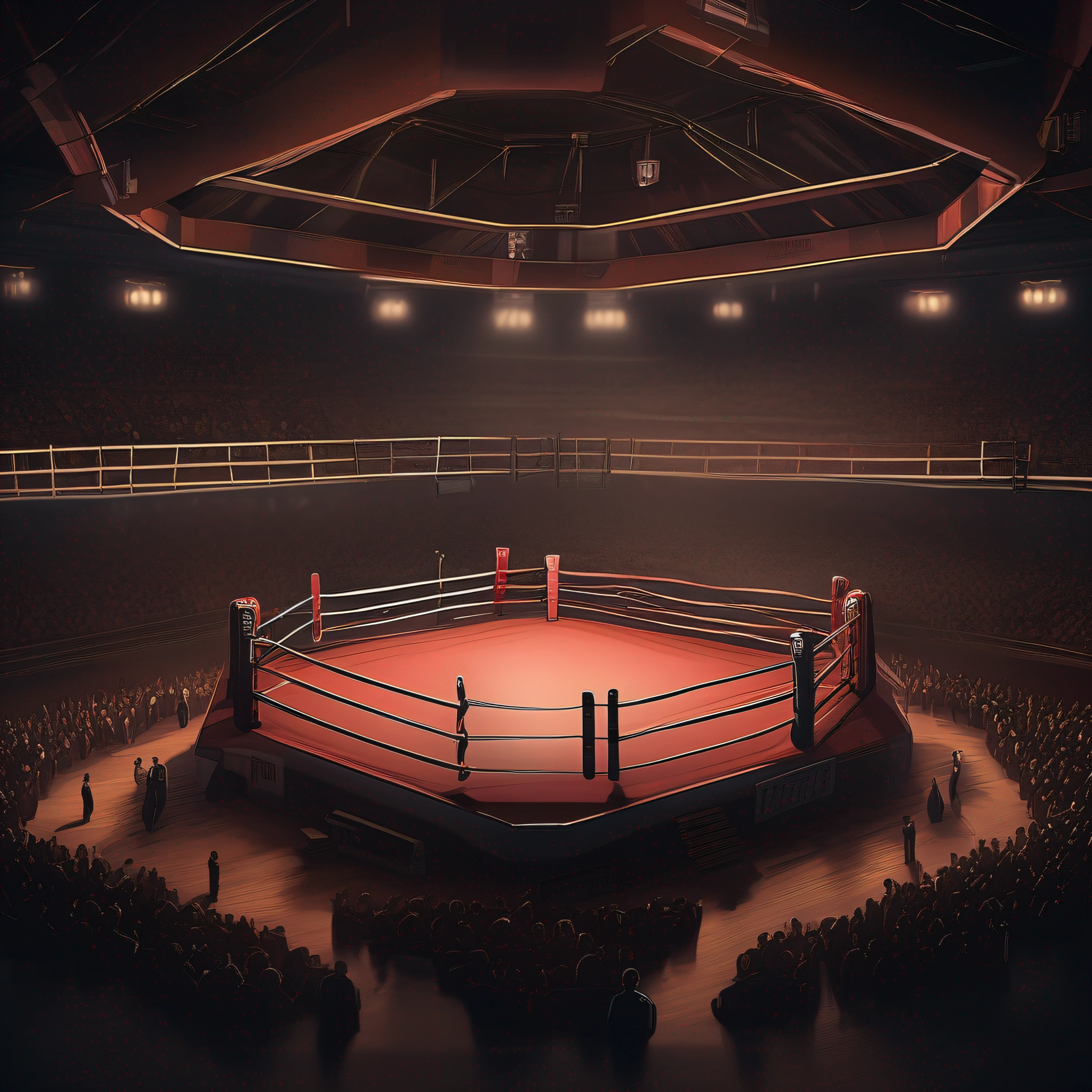 The scene of a boxing match, just the boxing ring, no fighters, no people in the ring, an octagon-type boxing ring with the audience around, without the fighters, an empty octagon, a fighting arena with an octagon, the octagon-shaped fighting ring.