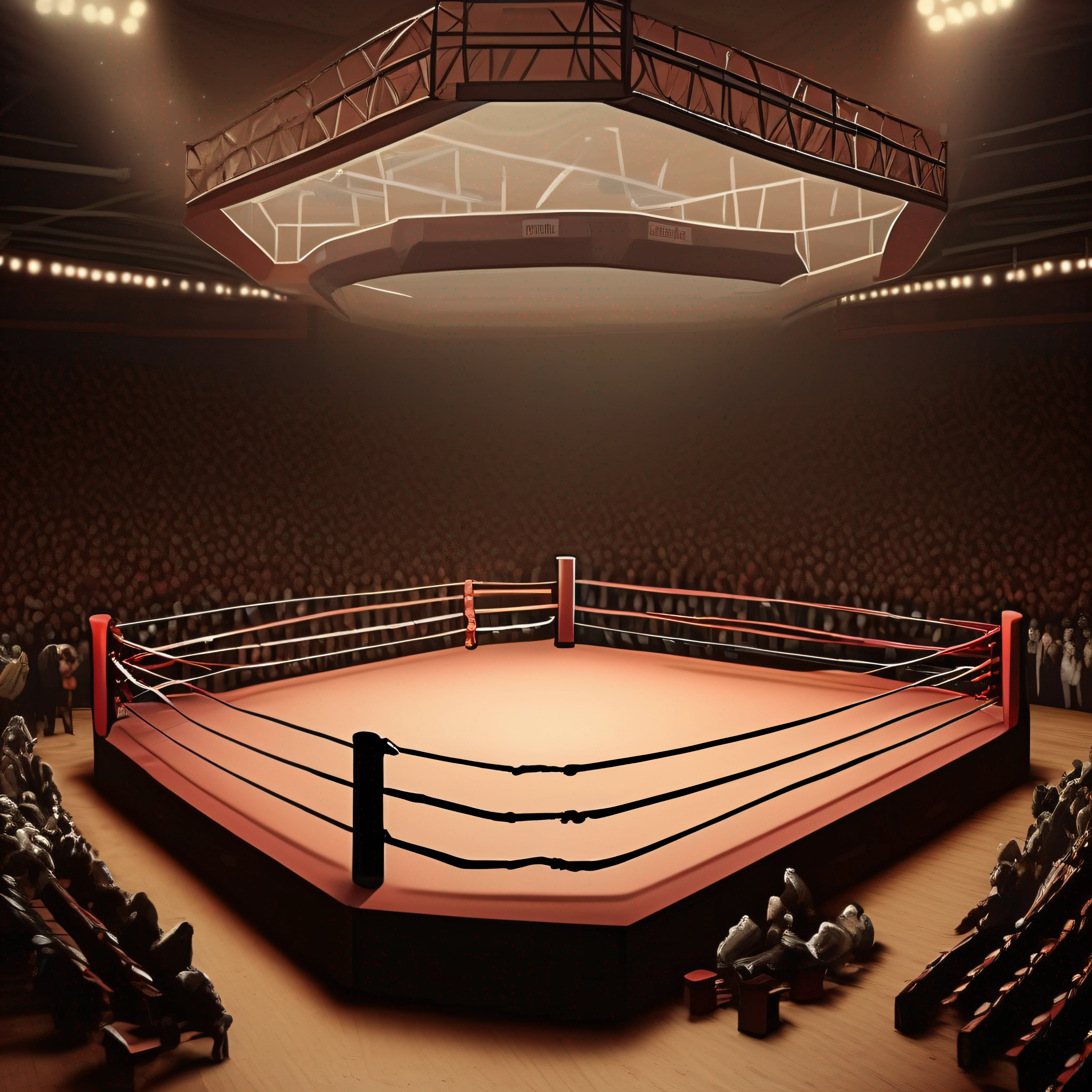 The scene of a boxing match, just the boxing ring, no fighters, no people in the ring, an octagon-type boxing ring with the audience around, without the fighters, an empty octagon, a fighting arena with an octagon, the octagon-shaped fighting ring.